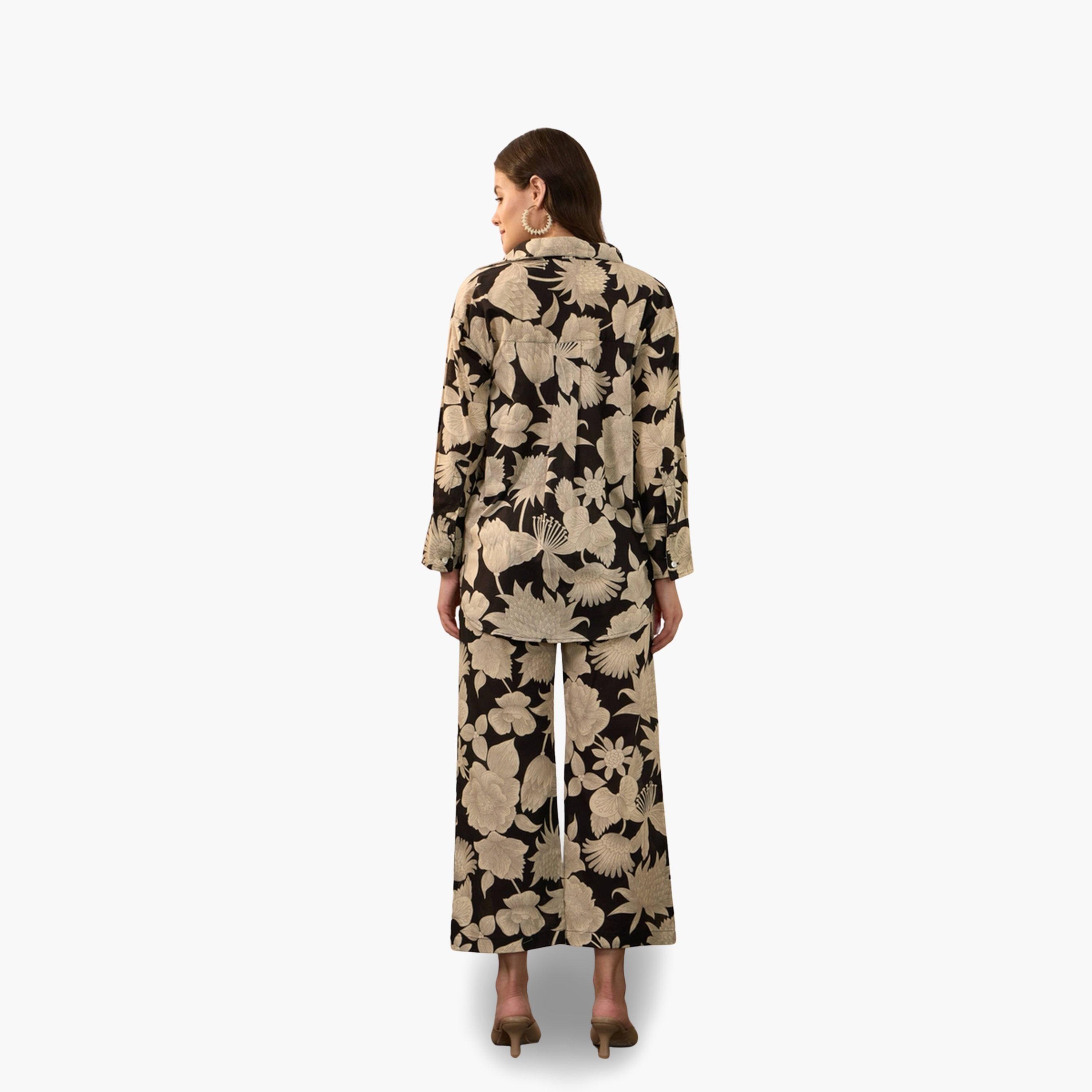Imana X Styli Black Floral Print Pure Cotton Shirt with Trousers Co-Ords-women-clothing-coordsets-image-2