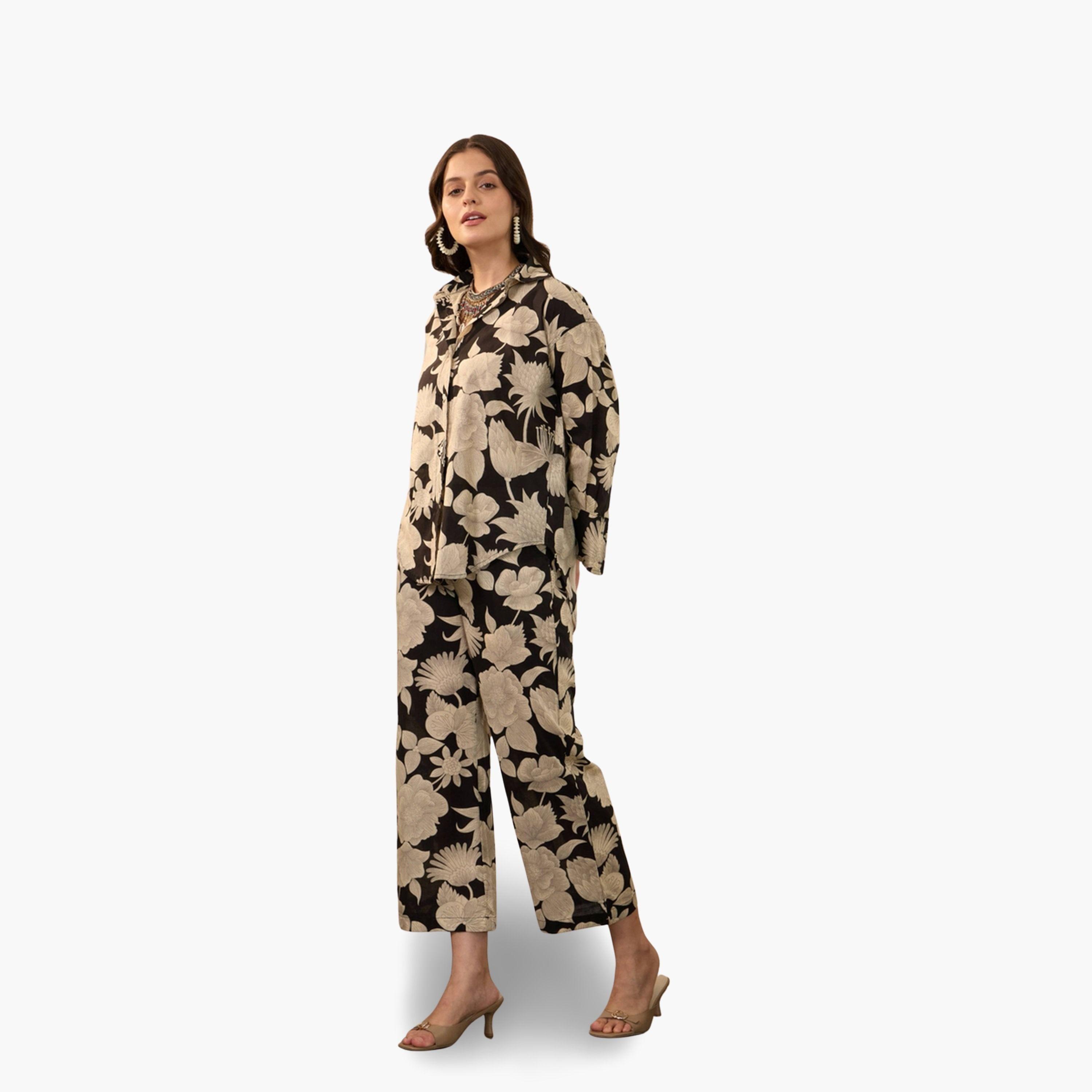 Imana X Styli Black Floral Print Pure Cotton Shirt with Trousers Co-Ords-women-clothing-coordsets-image-3