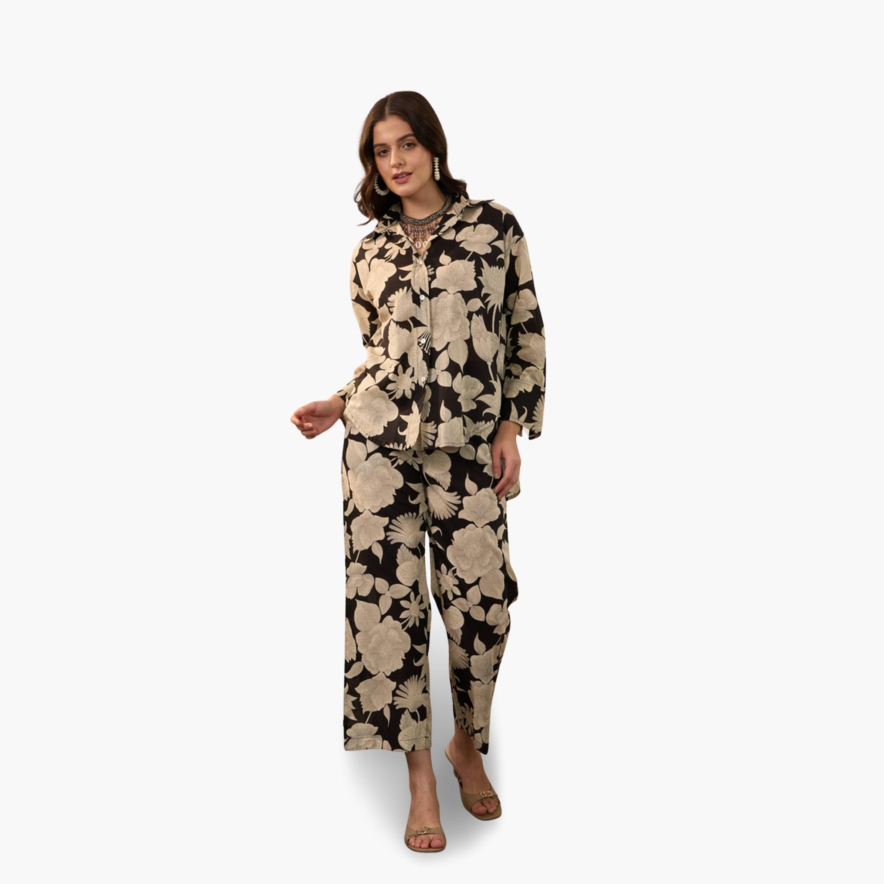 Imana X Styli Black Floral Print Pure Cotton Shirt with Trousers Co-Ords-women-clothing-coordsets-image-4