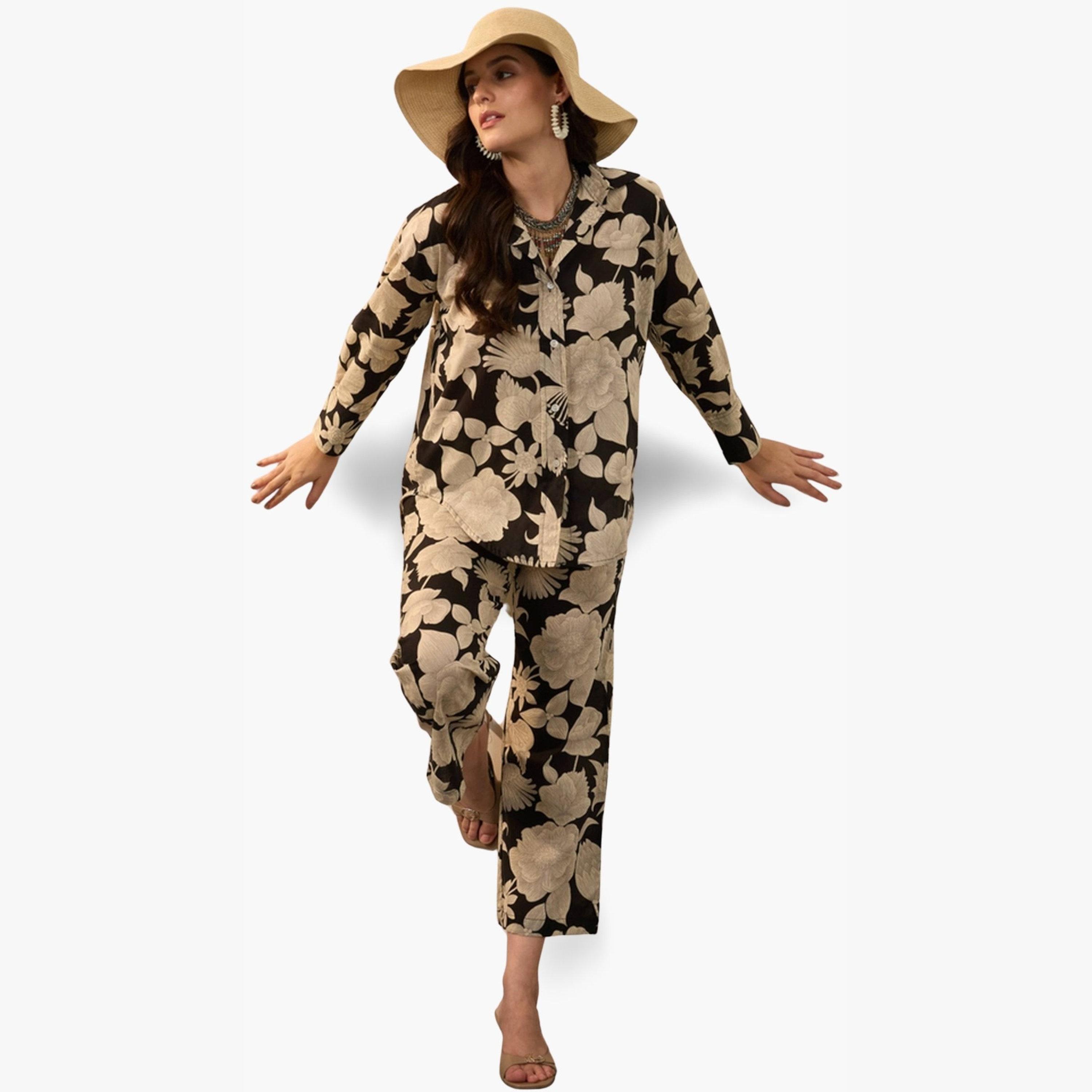 Imana X Styli Black Floral Print Pure Cotton Shirt with Trousers Co-Ords-women-clothing-coordsets-image-6