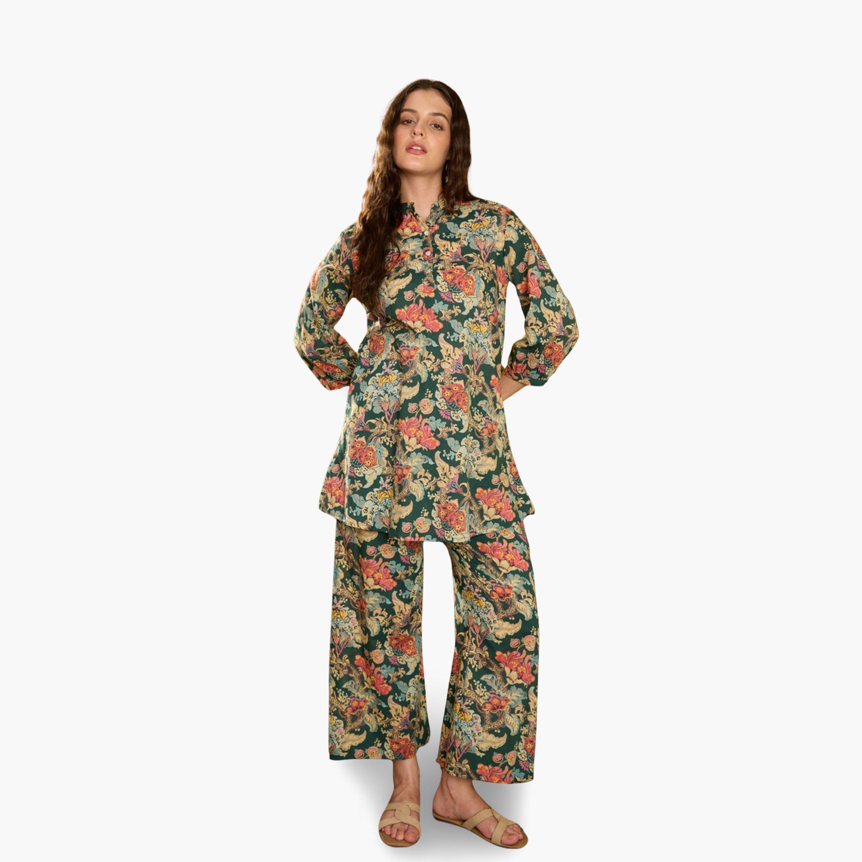 طقم منسق من بلوزة مع بنطال بالازو قطن خالص بطبعة زهور-women-clothing-coordsets-image-1