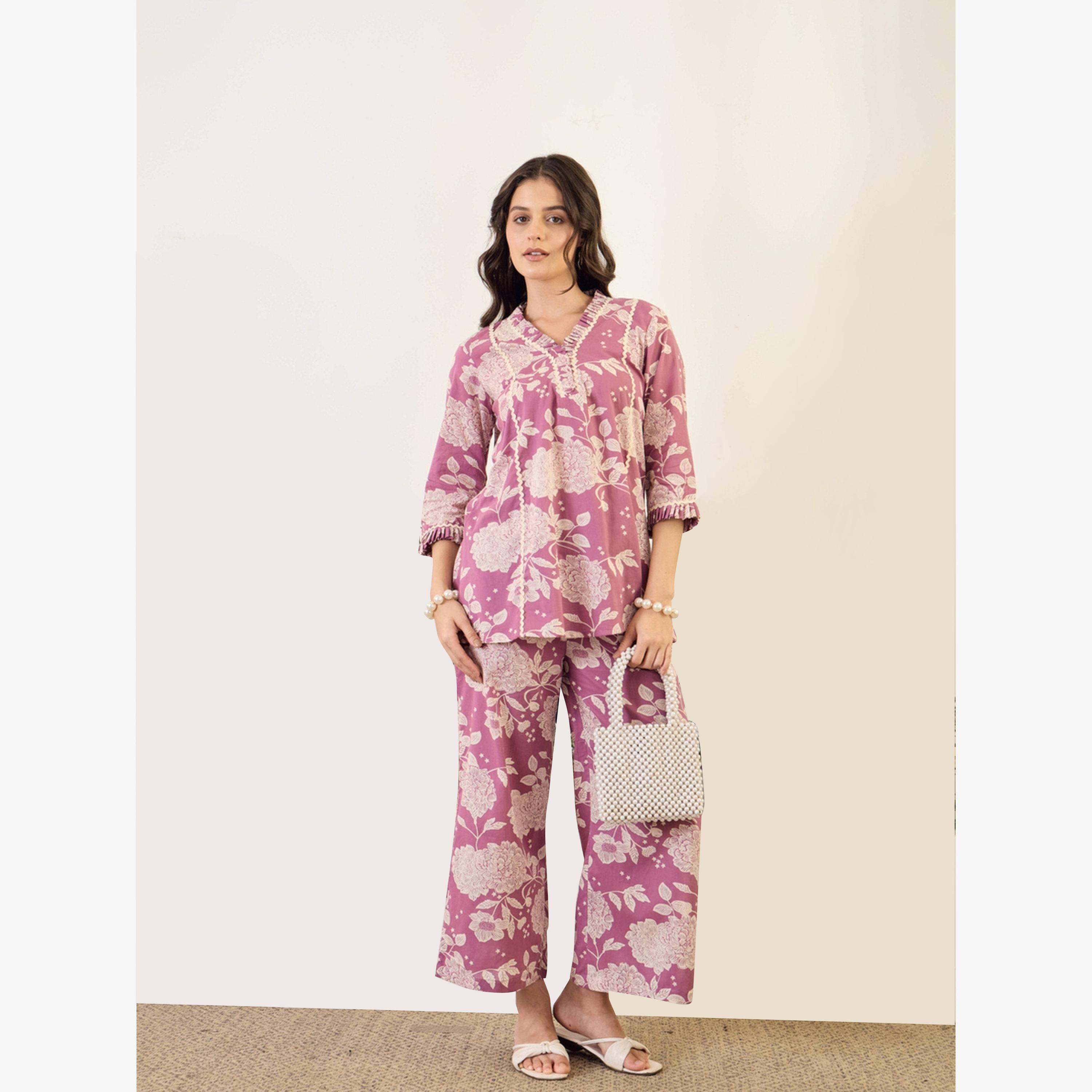 Imana X Styli Lilac Floral Print Pure Cotton Top with Trousers Co-Ords-women-clothing-coordsets-image-1
