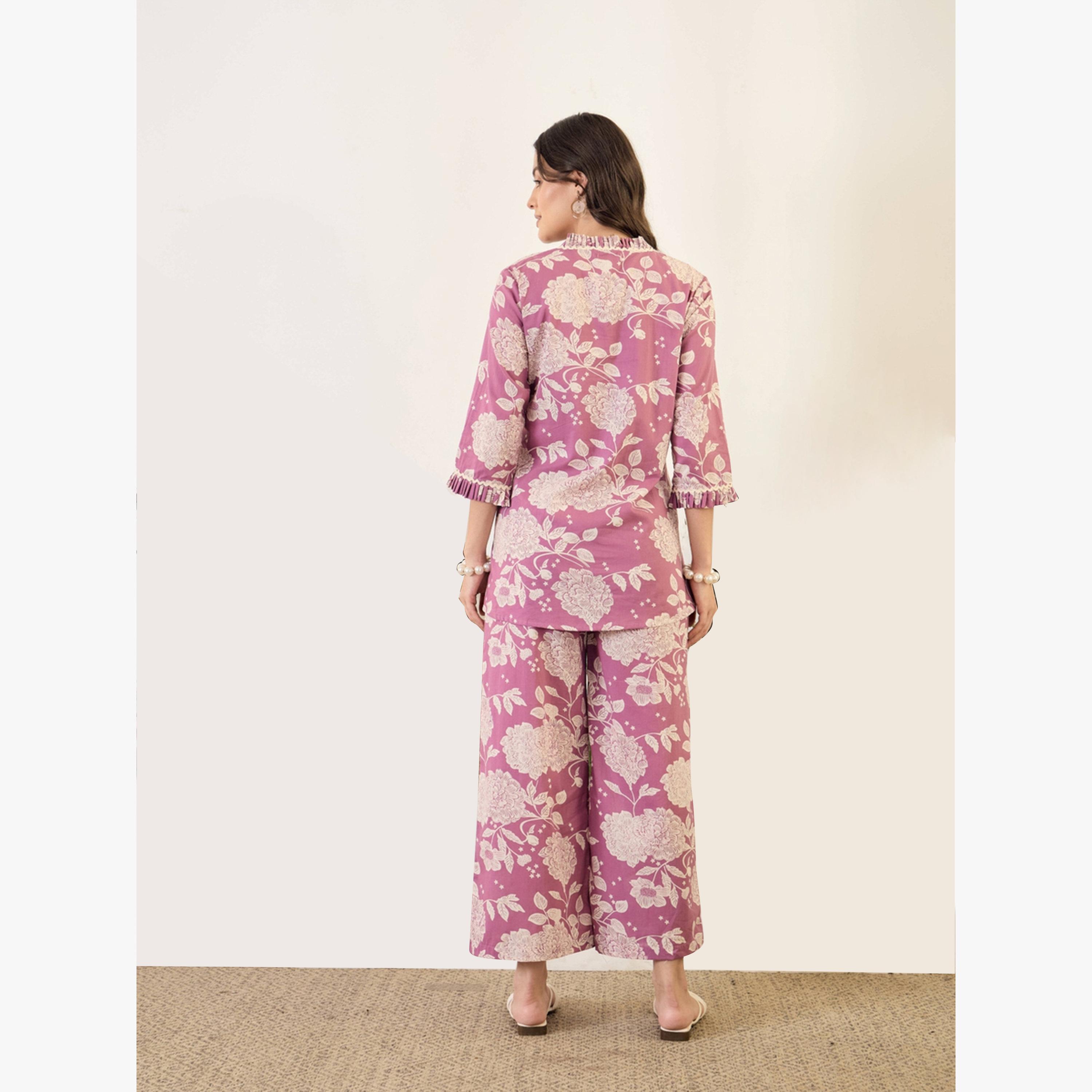 طقم منسق من بلوزة مع بنطال قطن خالص بطبعة زهور-women-clothing-coordsets-image-2