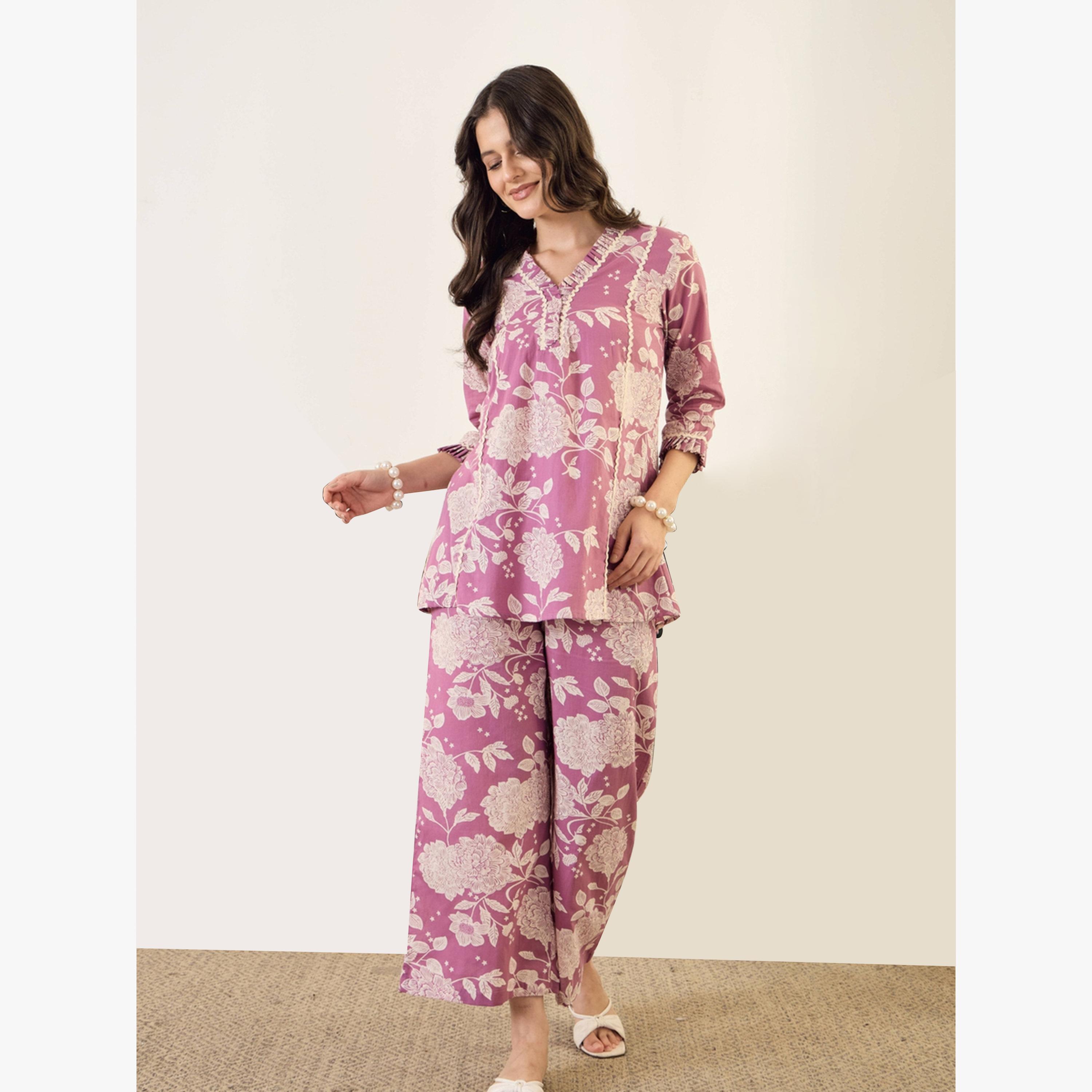 Imana X Styli Lilac Floral Print Pure Cotton Top with Trousers Co-Ords-women-clothing-coordsets-image-4