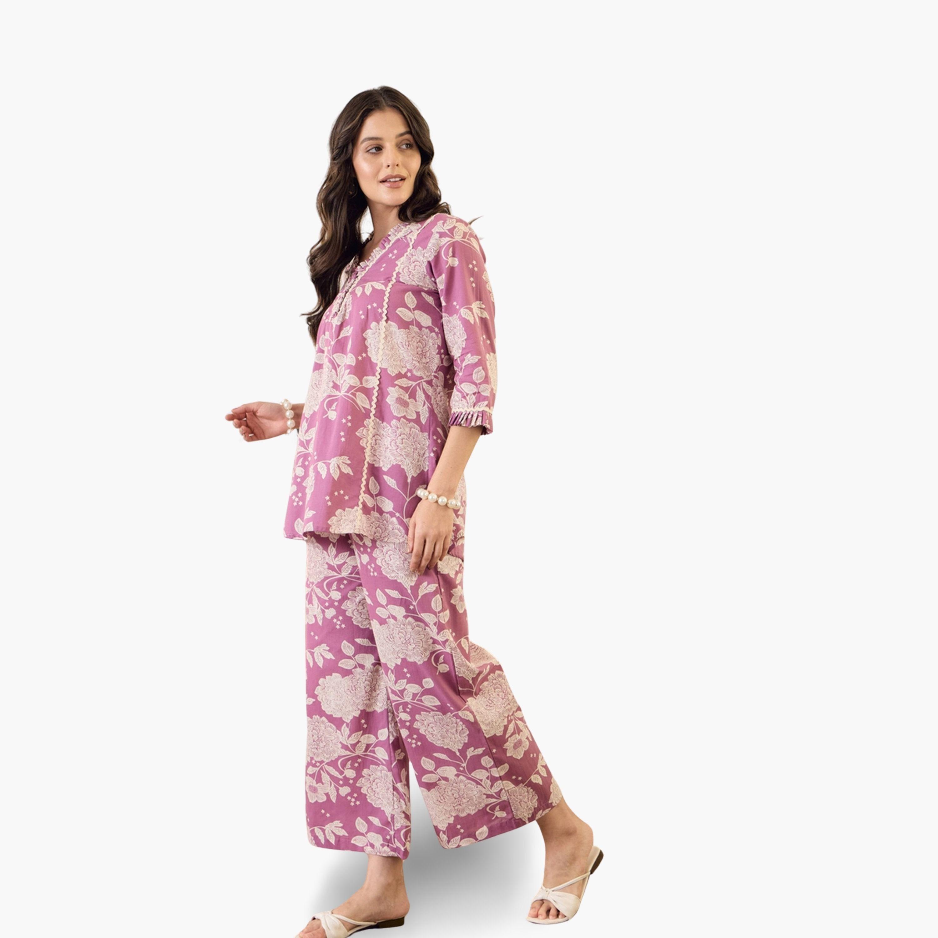 Imana X Styli Lilac Floral Print Pure Cotton Top with Trousers Co-Ords-women-clothing-coordsets-image-5