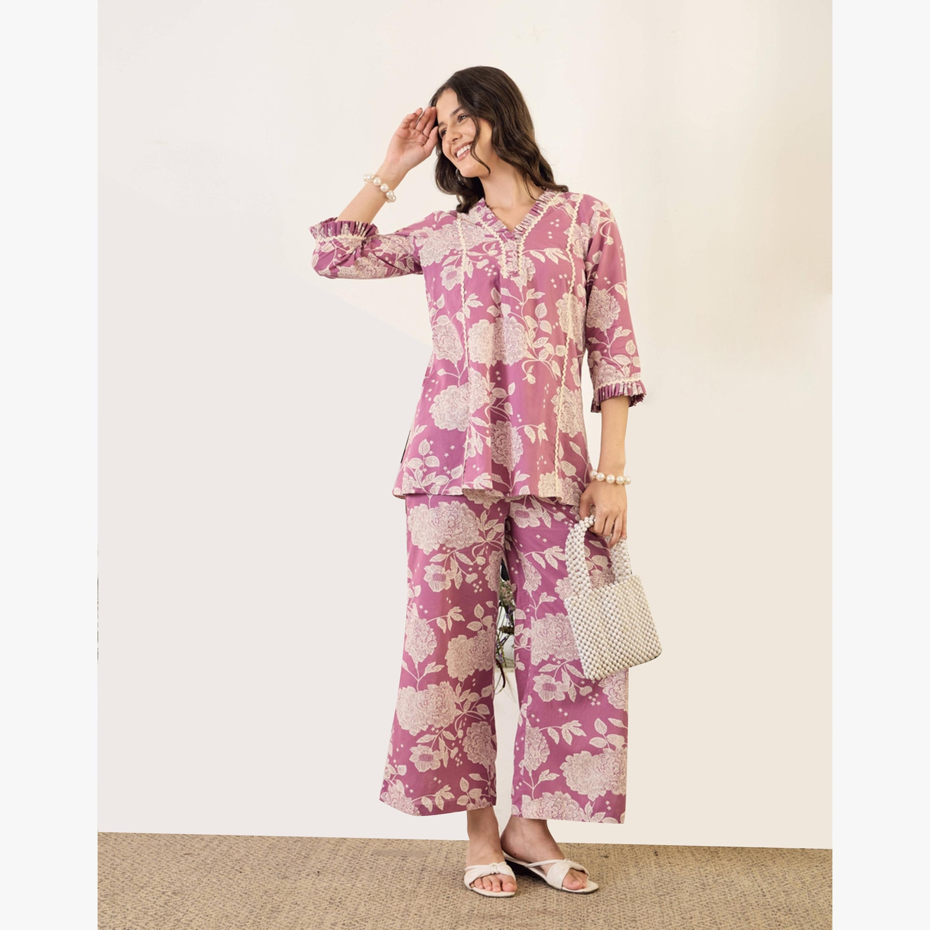 Imana X Styli Lilac Floral Print Pure Cotton Top with Trousers Co-Ords-women-clothing-coordsets-image-6