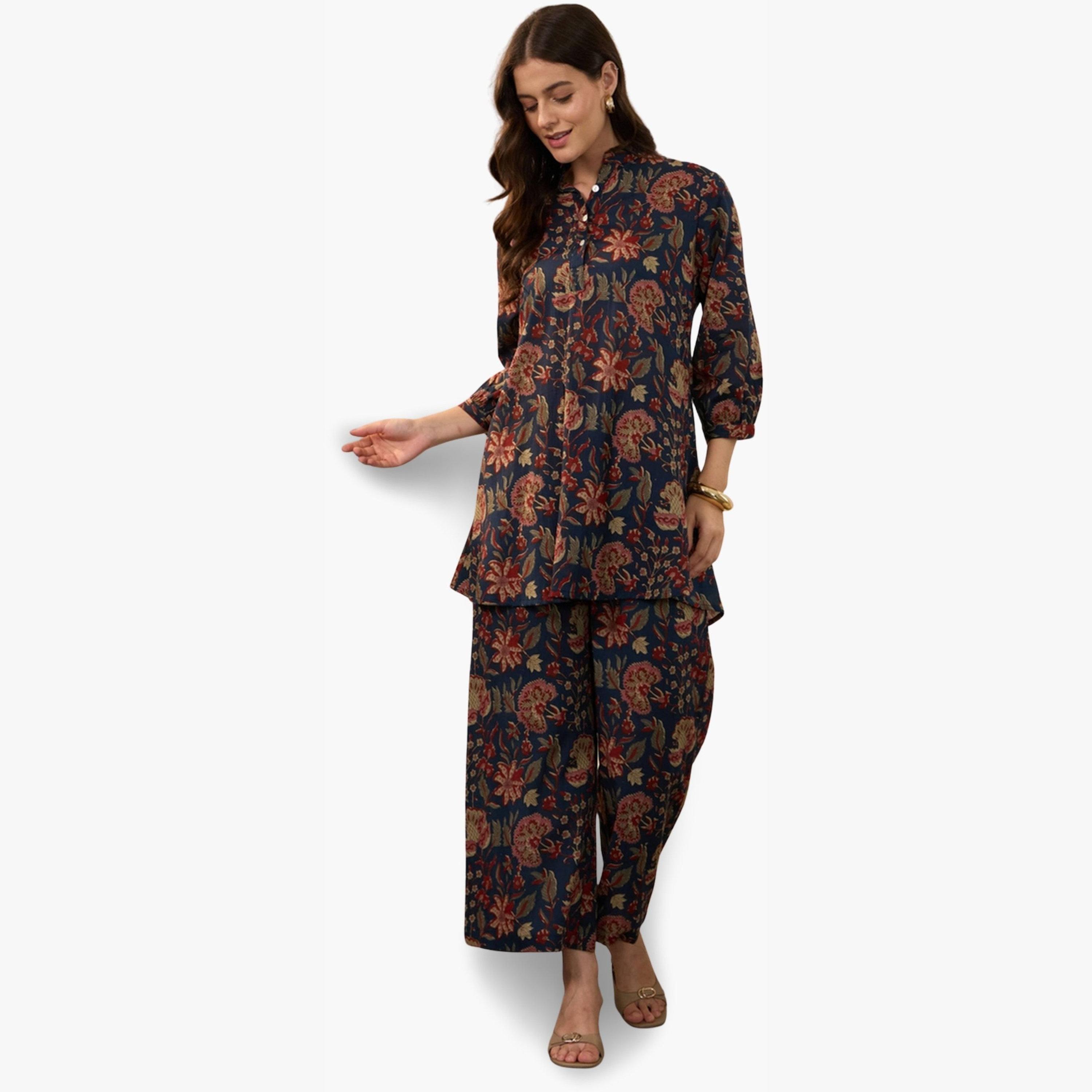 طقم منسق من بلوزة مع بنطال بالازو قطن خالص بطبعة زهور-women-clothing-coordsets-image-1