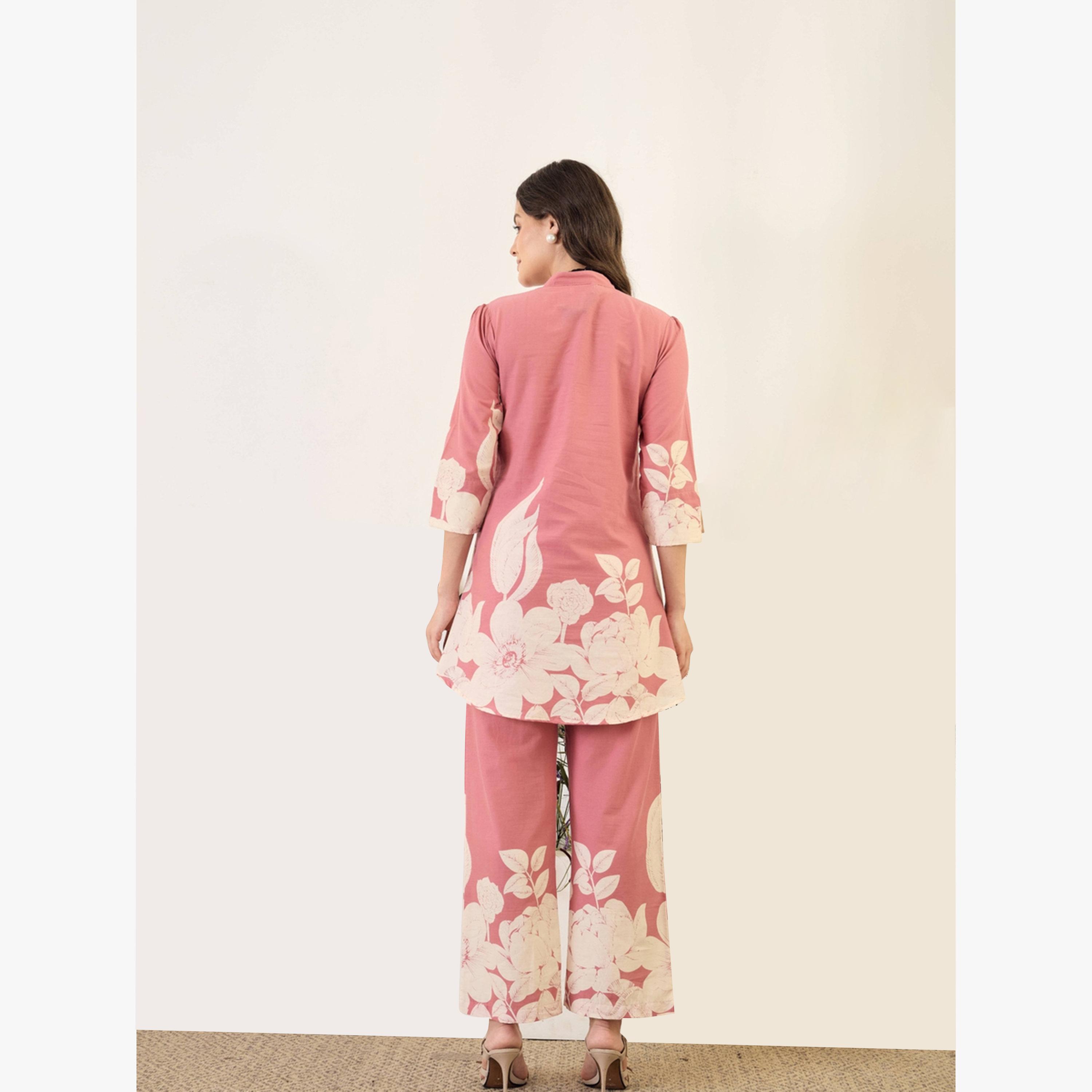 طقم منسق من بلوزة قطن مع بنطال بطبعة زهور-women-clothing-coordsets-image-2