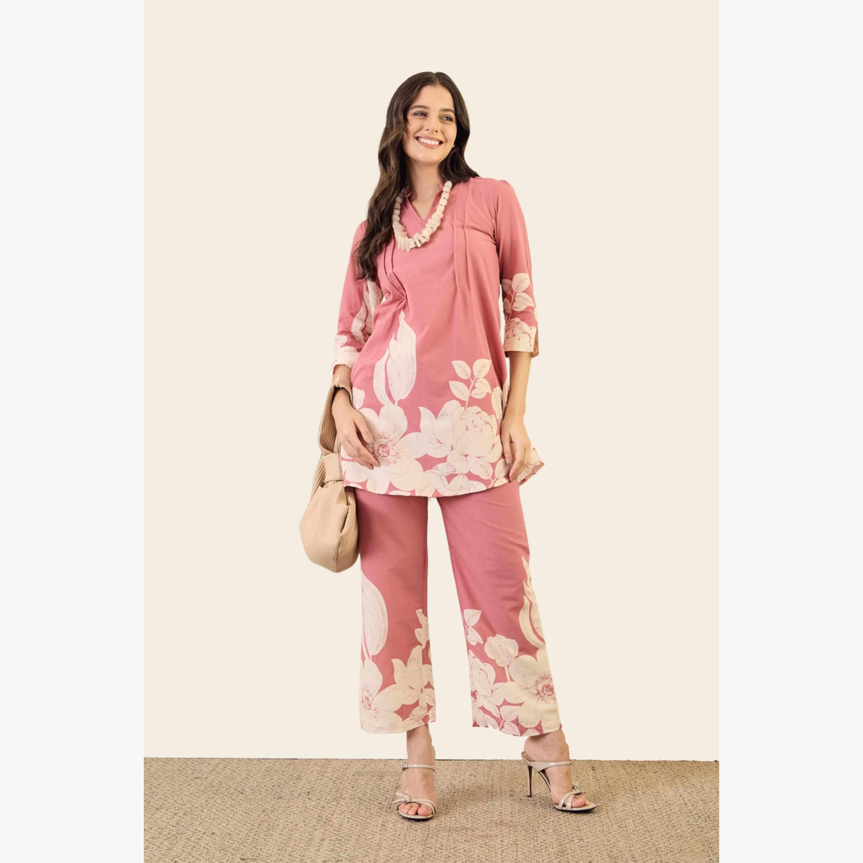 Imana X Styli Pink Pure Floral Print Cotton Top with Trousers Co-Ords-women-clothing-coordsets-image-5