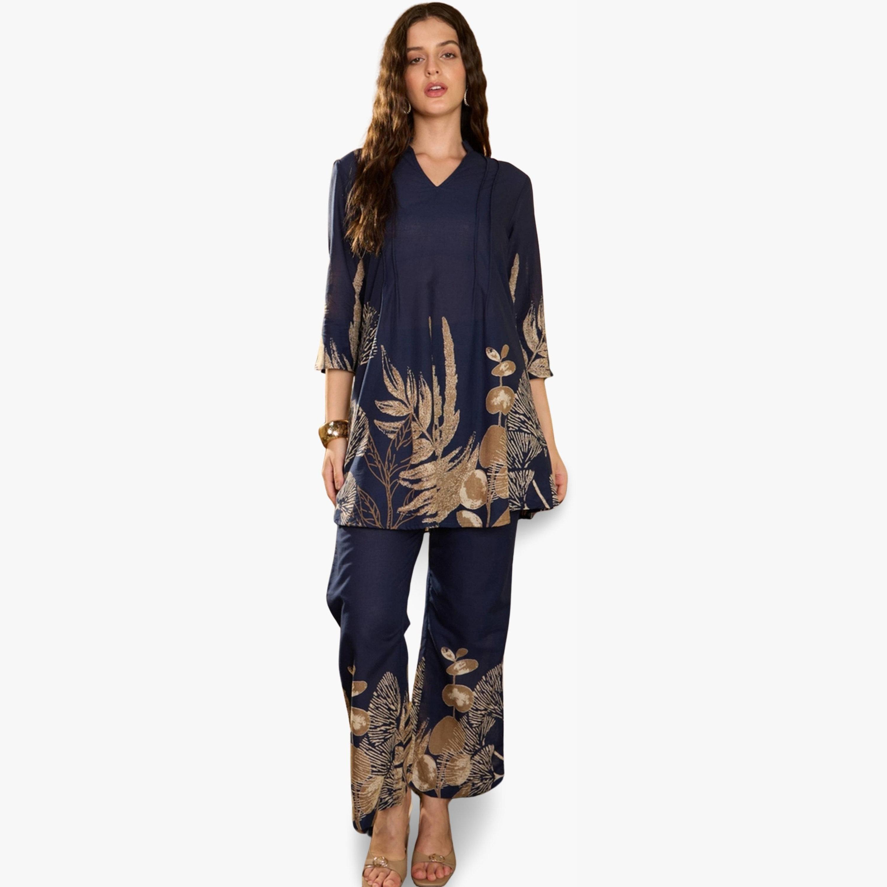 Imana X Styli Navy Blue Floral Print Pure Cotton Top with Trousers Co-Ords-women-clothing-coordsets-image-1