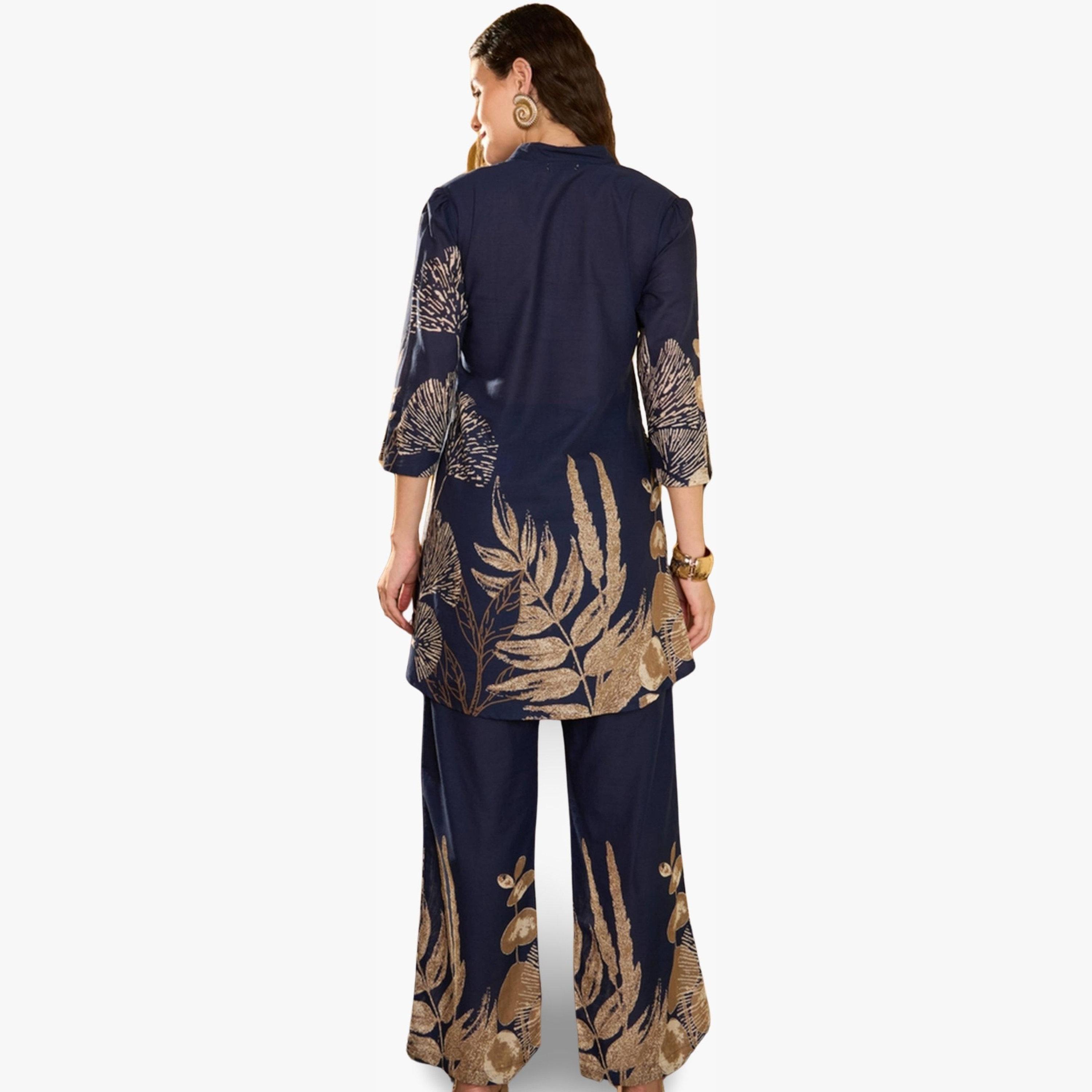 Imana X Styli Navy Blue Floral Print Pure Cotton Top with Trousers Co-Ords-women-clothing-coordsets-image-2
