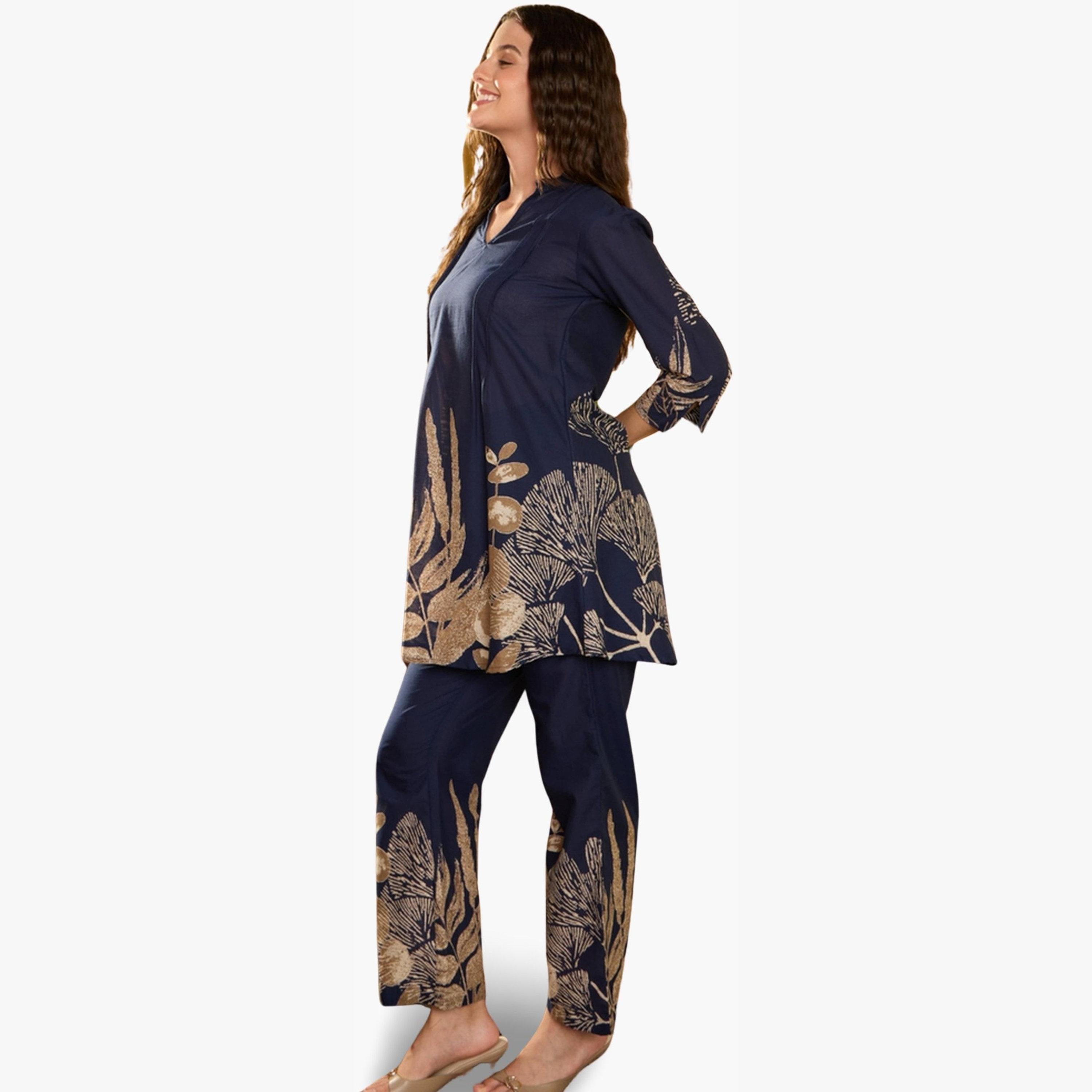 Imana X Styli Navy Blue Floral Print Pure Cotton Top with Trousers Co-Ords-women-clothing-coordsets-image-3
