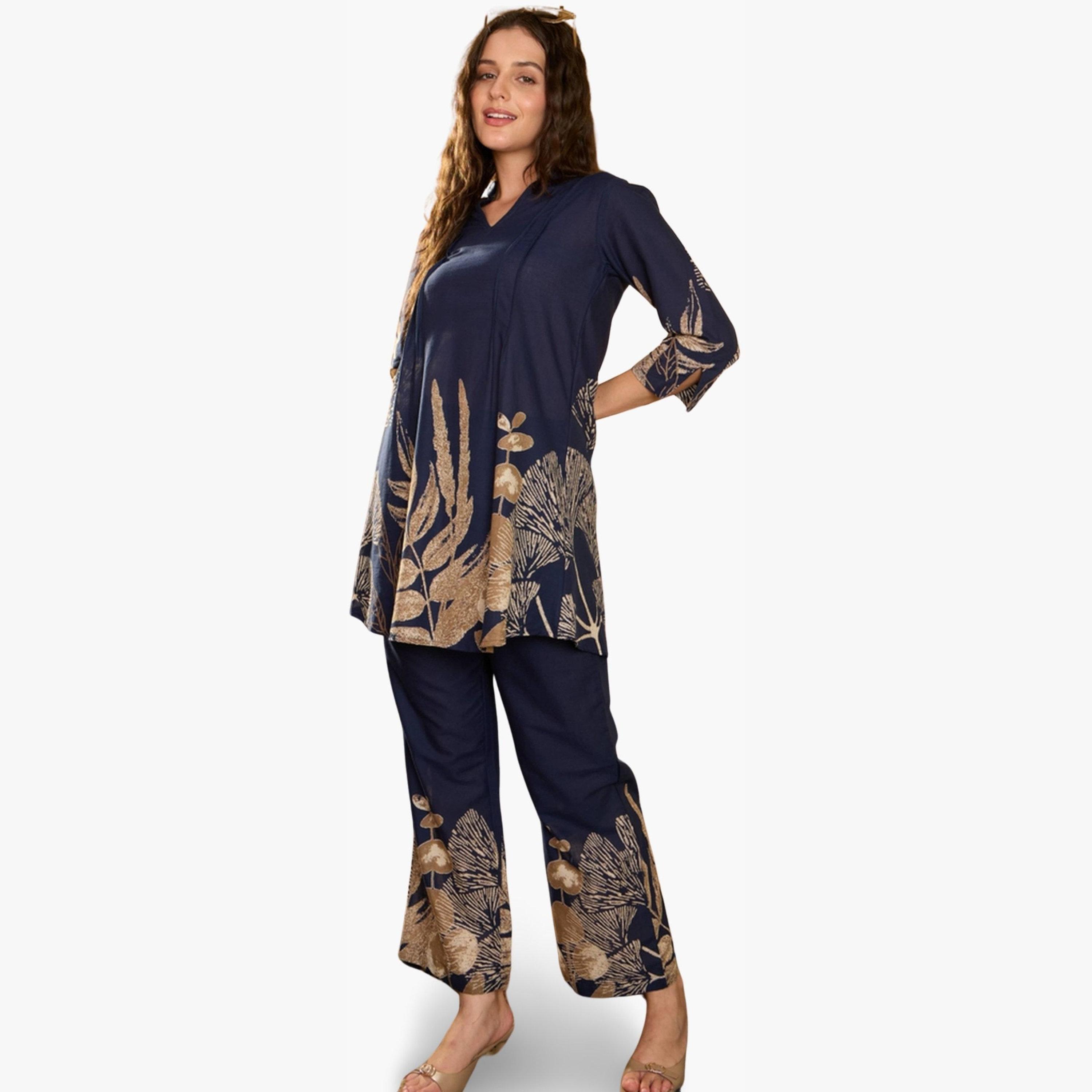 Imana X Styli Navy Blue Floral Print Pure Cotton Top with Trousers Co-Ords-women-clothing-coordsets-image-4