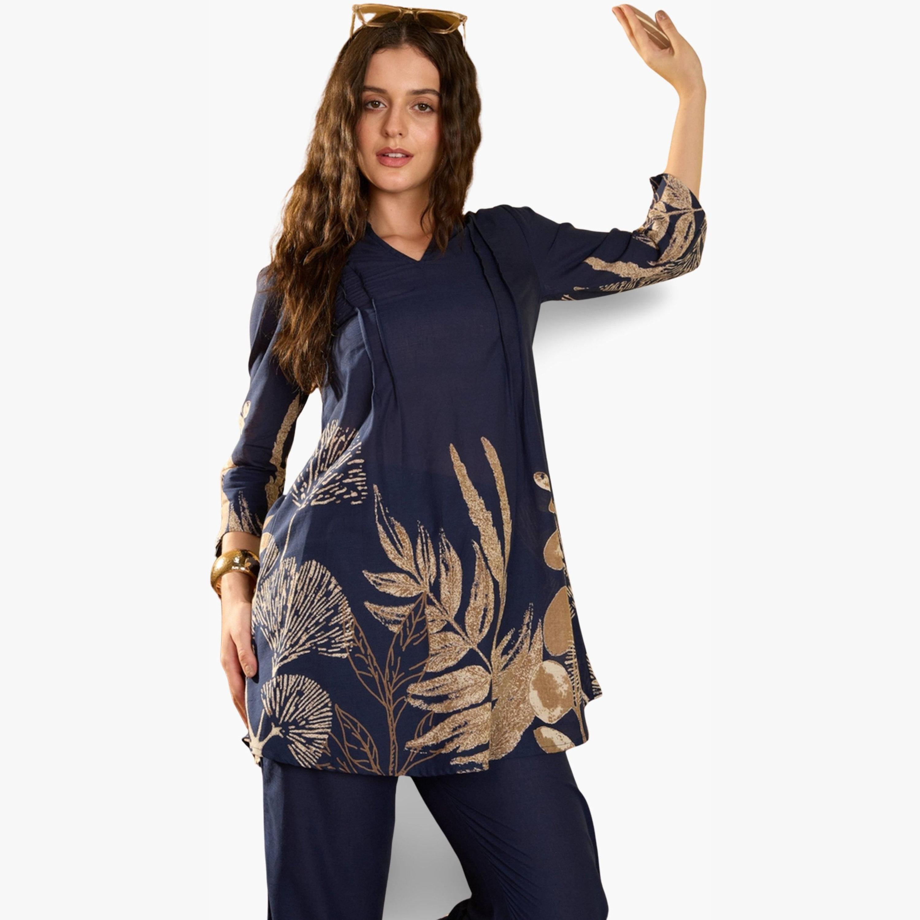 Imana X Styli Navy Blue Floral Print Pure Cotton Top with Trousers Co-Ords-women-clothing-coordsets-image-5