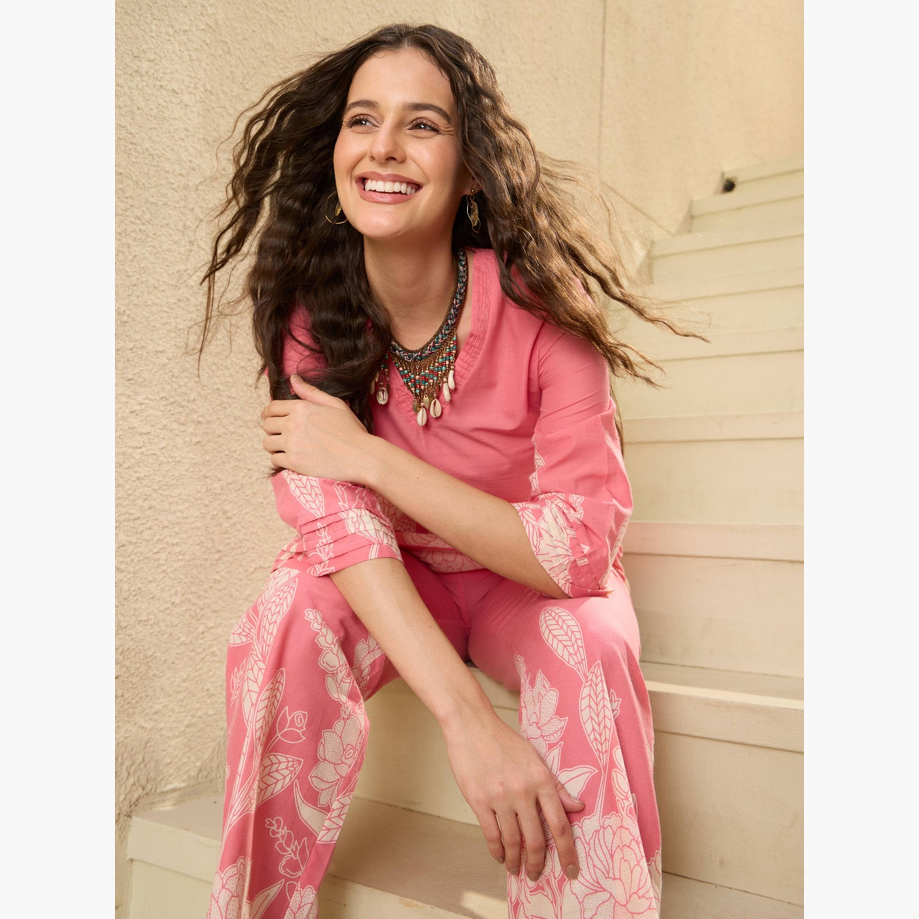 Imana X Styli Pink Pure Cotton Top with Trousers Co-Ords-women-clothing-coordsets-image-3