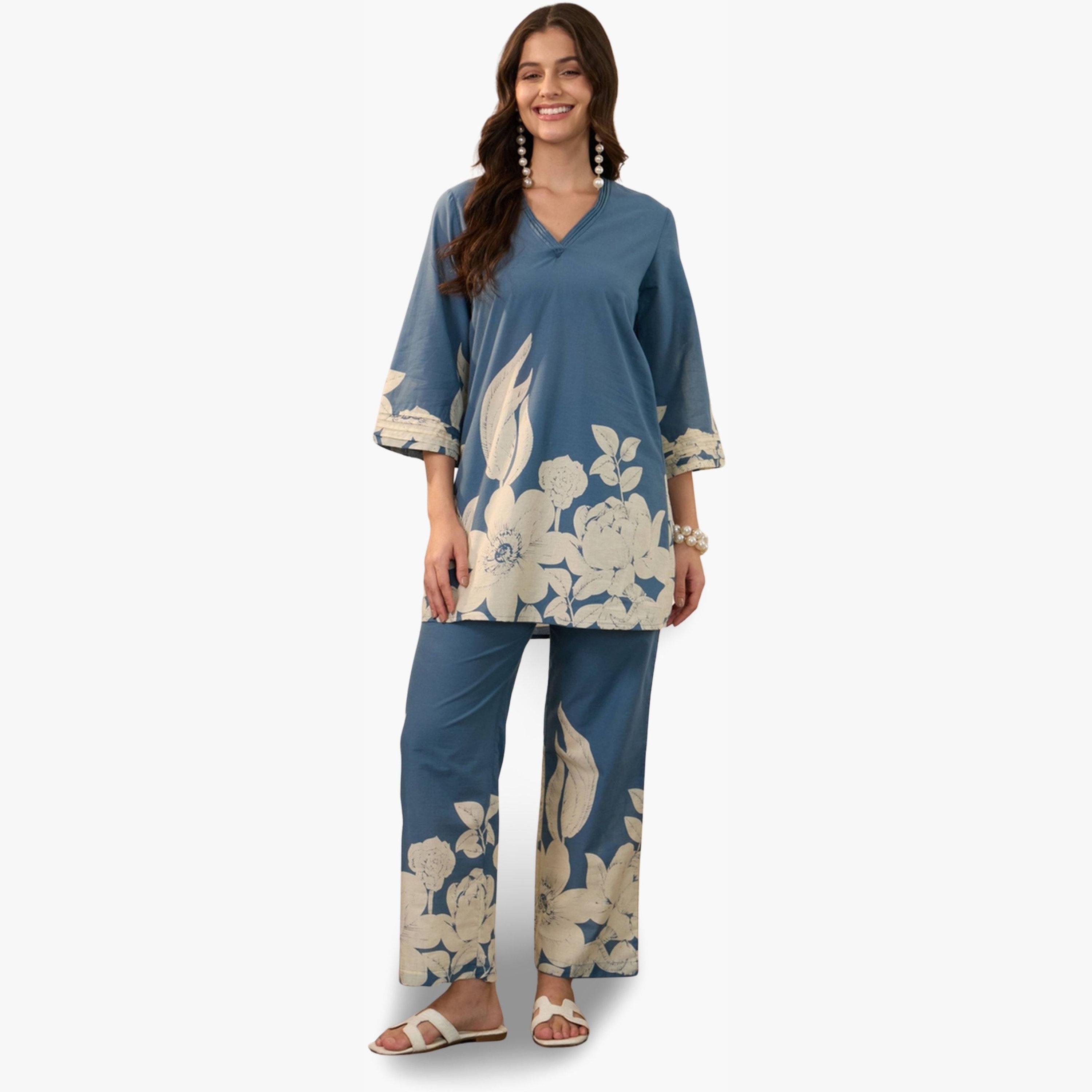 Imana X Styli Blue Floral Print Pure Cotton Top with Trousers Co-Ords-women-clothing-coordsets-image-1