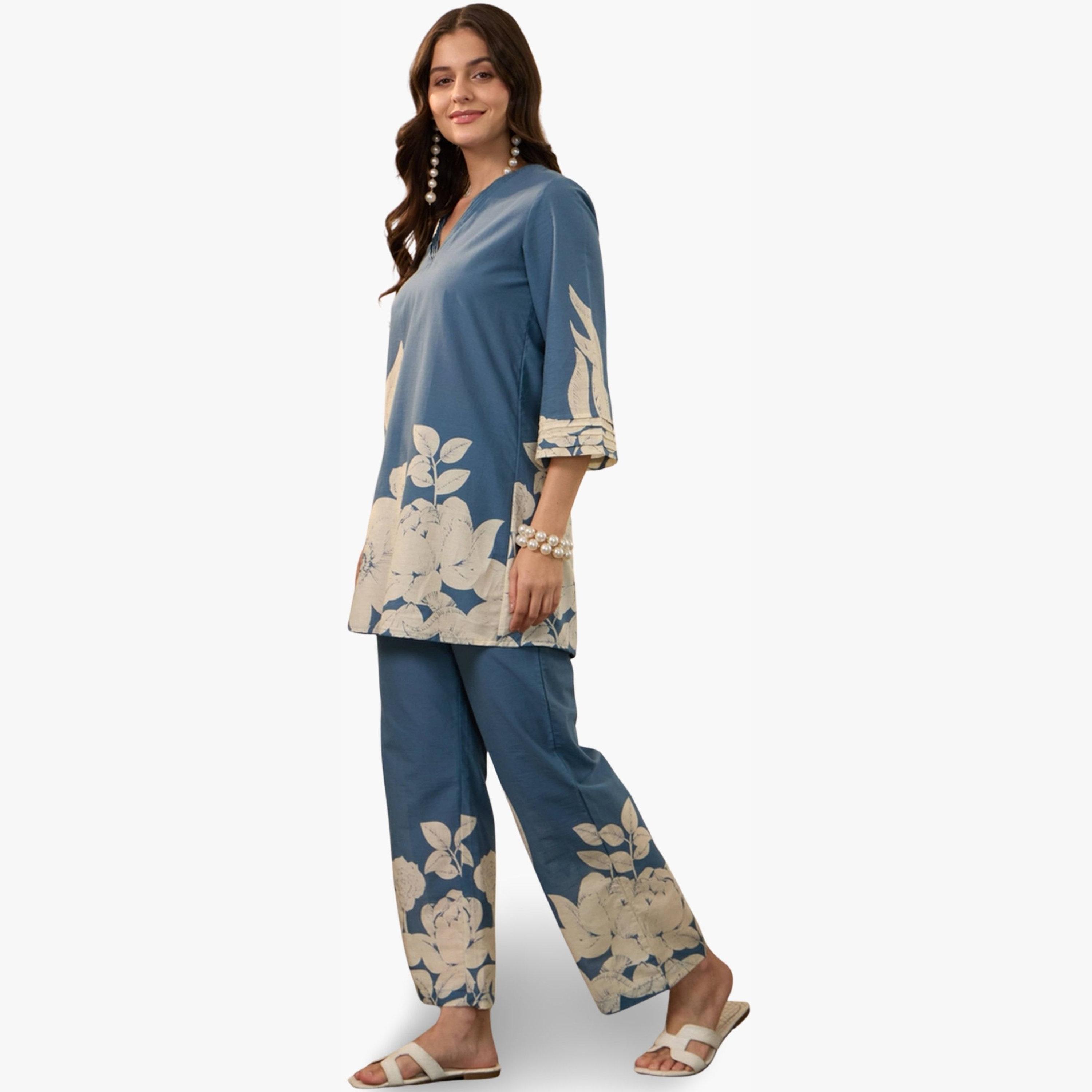 Imana X Styli Blue Floral Print Pure Cotton Top with Trousers Co-Ords-women-clothing-coordsets-image-3