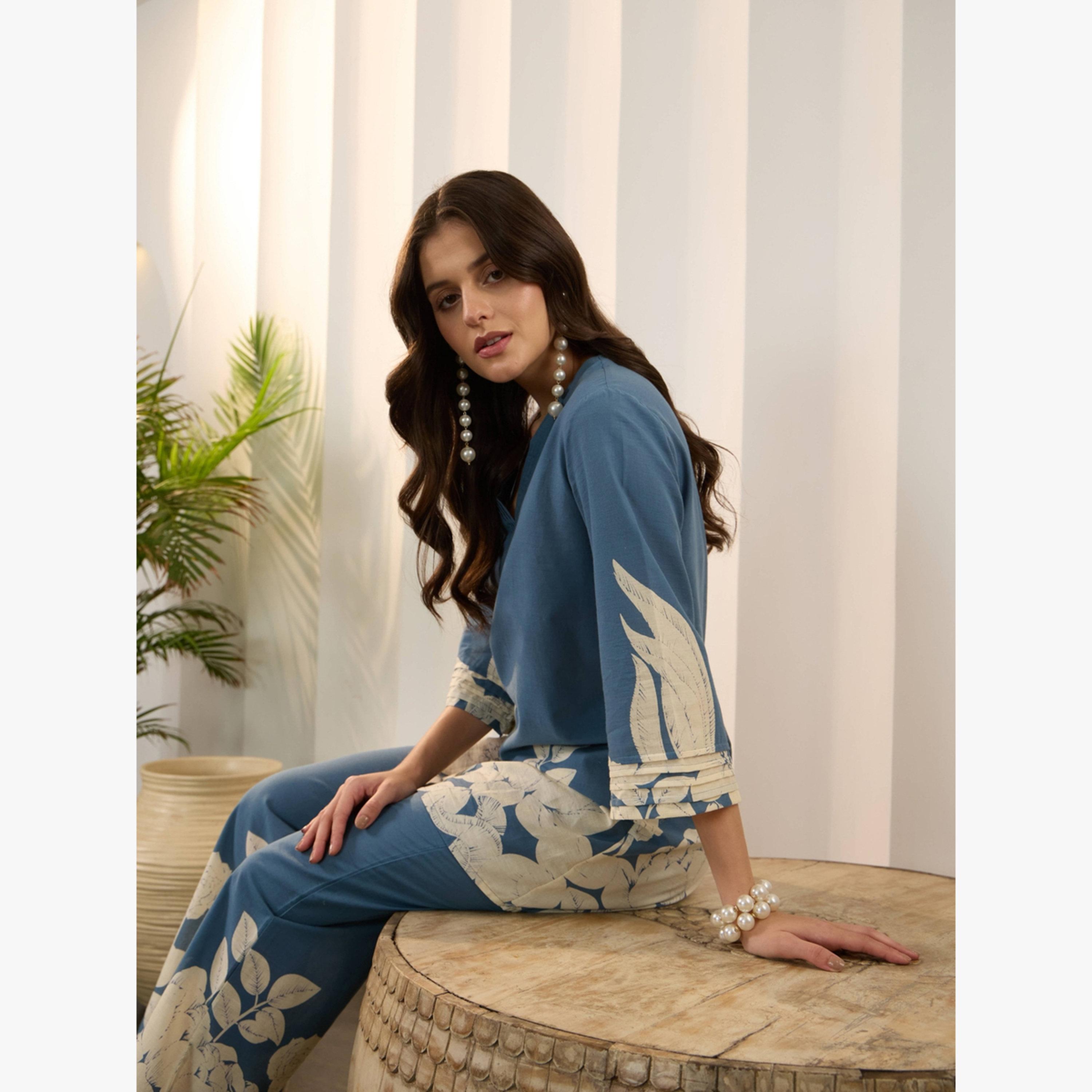 Imana X Styli Blue Floral Print Pure Cotton Top with Trousers Co-Ords-women-clothing-coordsets-image-4
