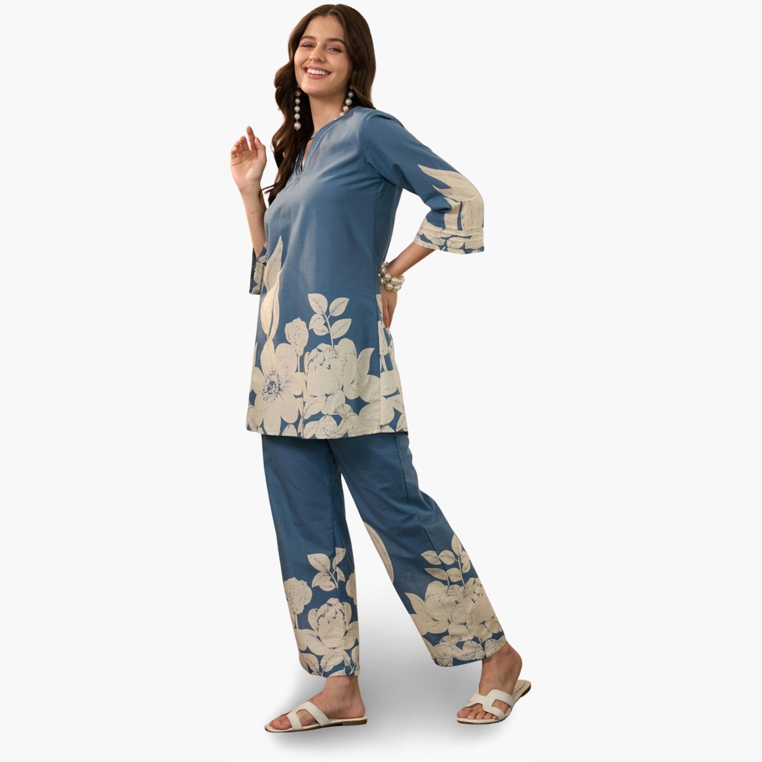 Imana X Styli Blue Floral Print Pure Cotton Top with Trousers Co-Ords-women-clothing-coordsets-image-5