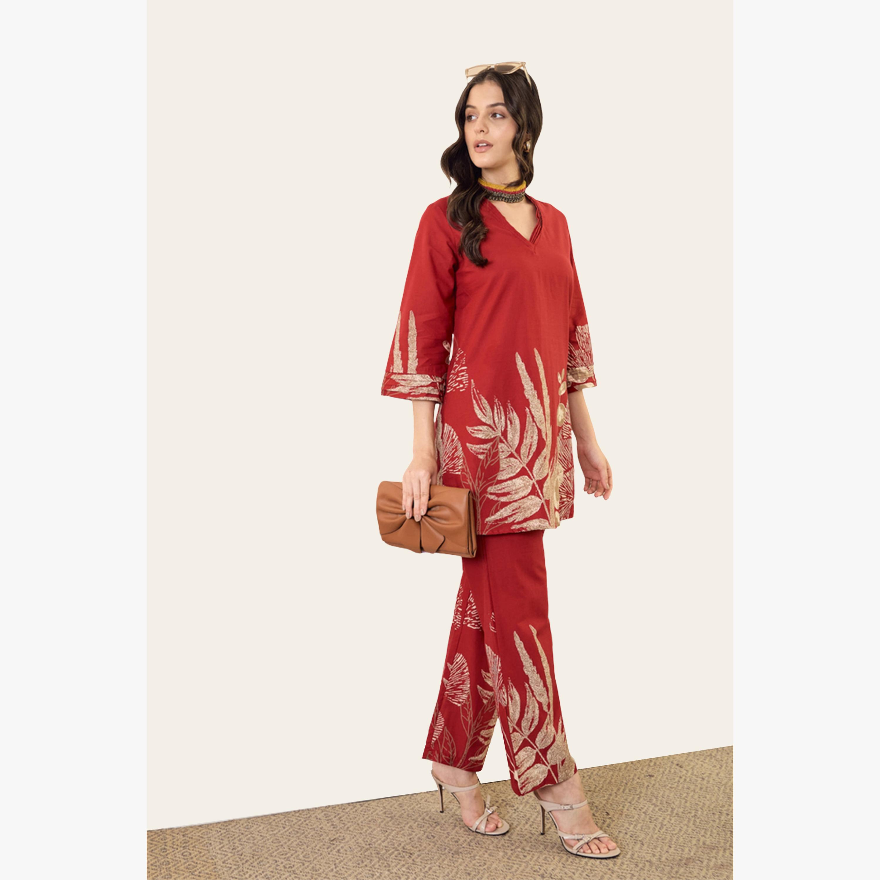 Imana X Styli Foil Floral Print Pure Cotton Top with Trouser Co-Ords-women-clothing-coordsets-image-3