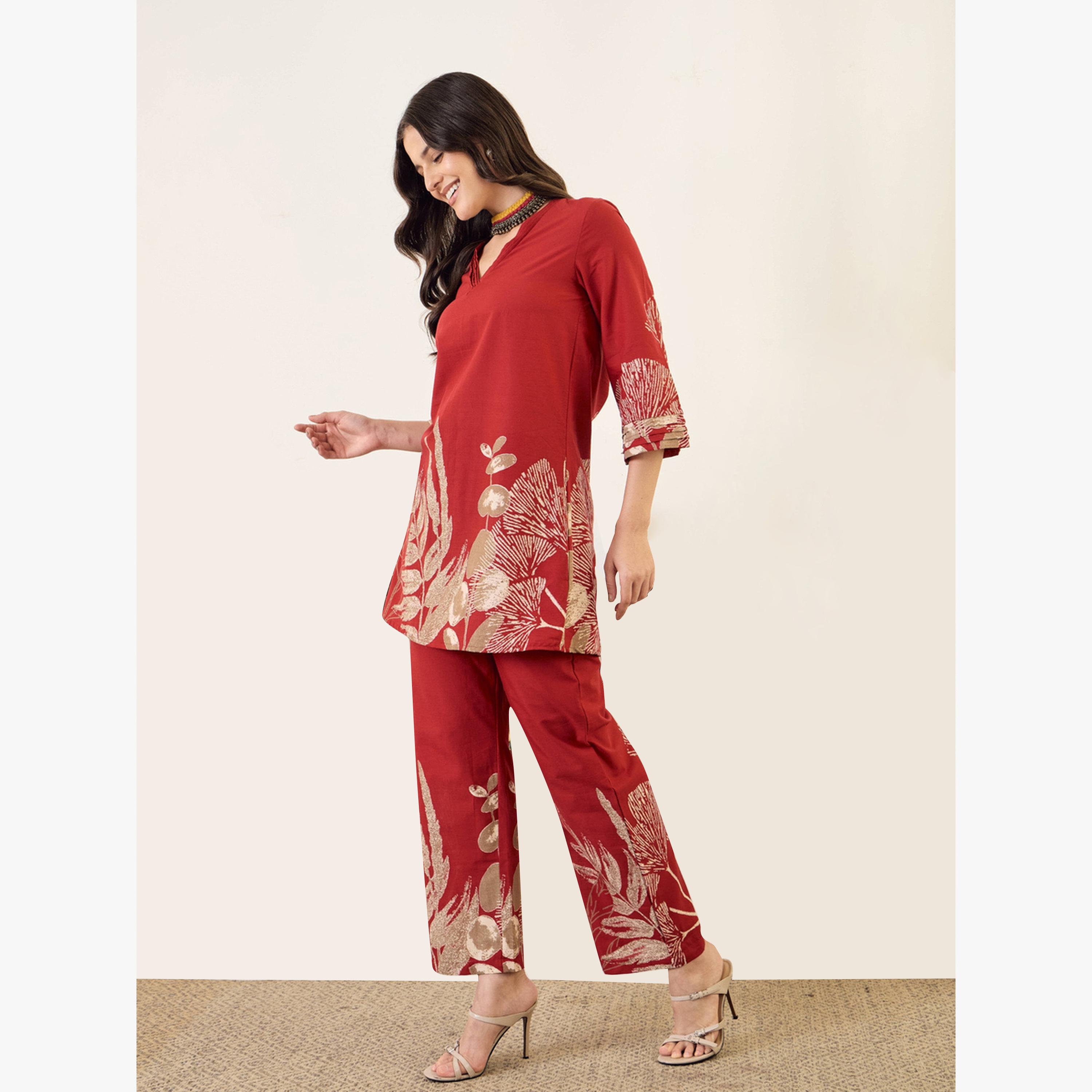 Imana X Styli Foil Floral Print Pure Cotton Top with Trouser Co-Ords-women-clothing-coordsets-image-5