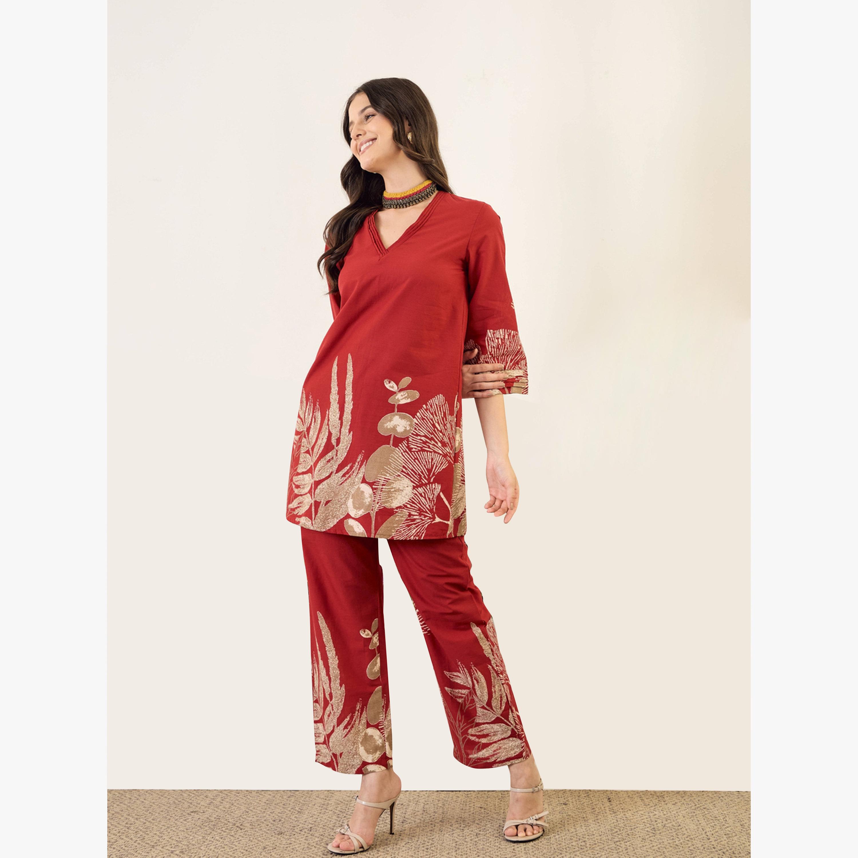 Imana X Styli Foil Floral Print Pure Cotton Top with Trouser Co-Ords-women-clothing-coordsets-image-6