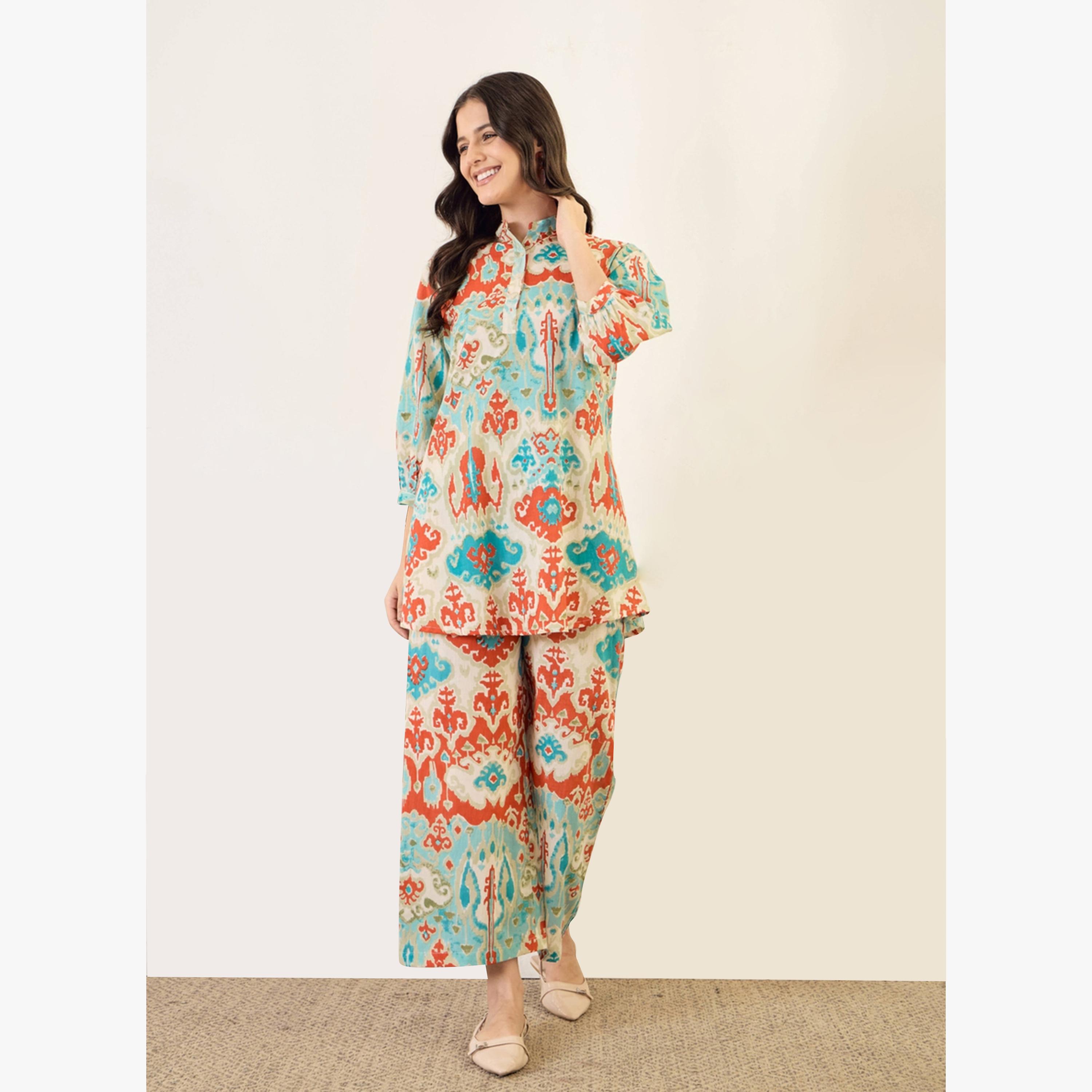 طقم منسق من بلوزة مع بنطال بالازو قطن خالص مطبوع-women-clothing-coordsets-image-1