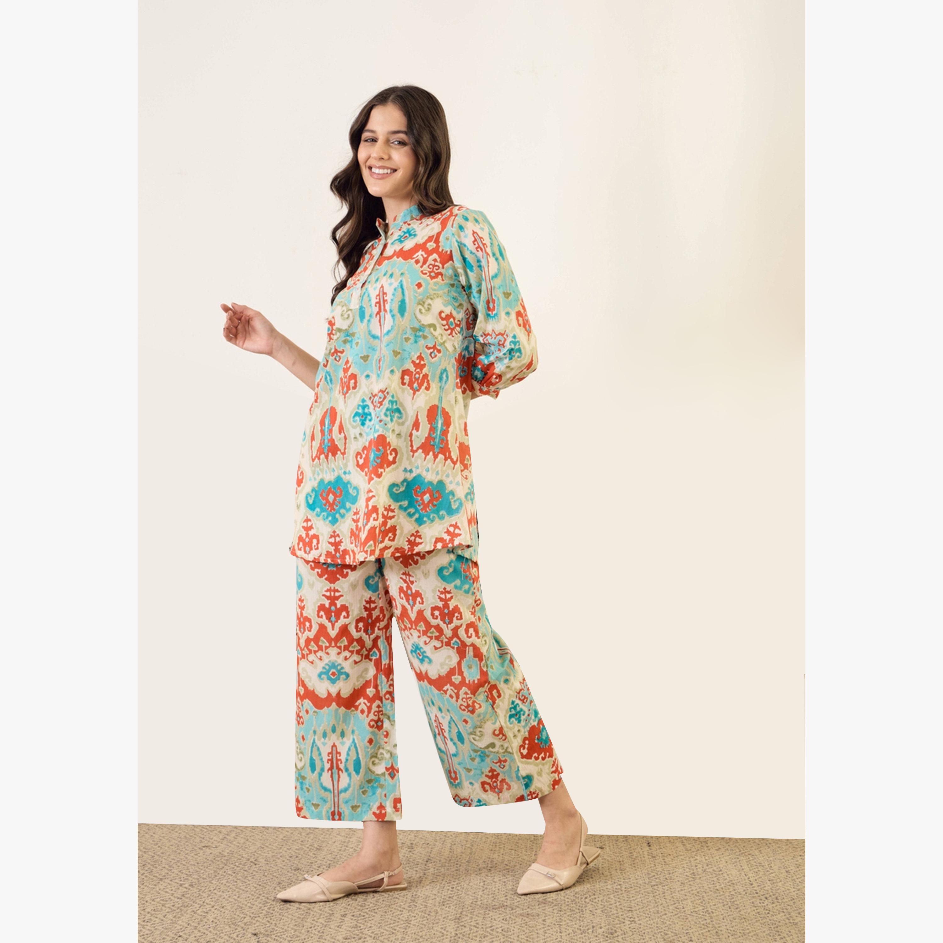 طقم منسق من بلوزة مع بنطال بالازو قطن خالص مطبوع-women-clothing-coordsets-image-3