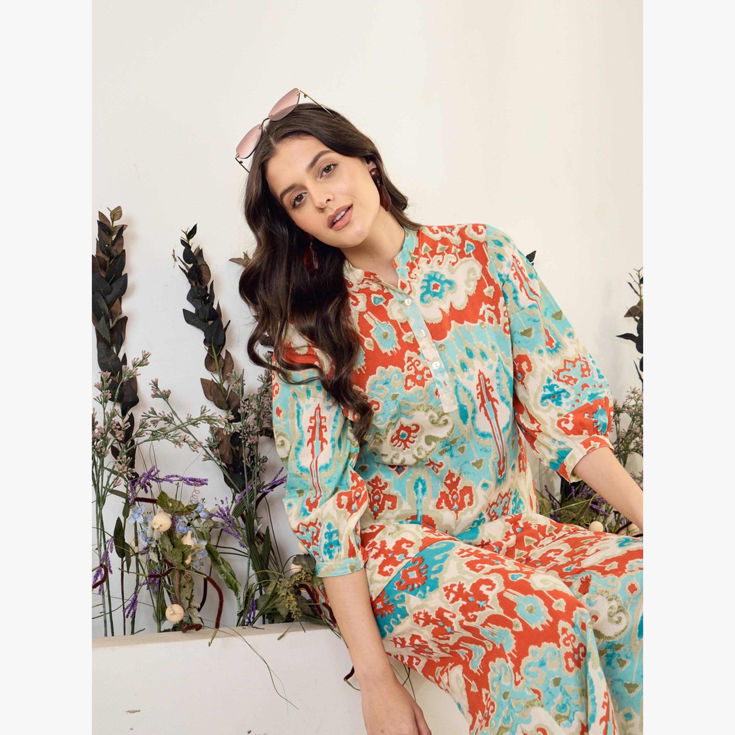 طقم منسق من بلوزة مع بنطال بالازو قطن خالص مطبوع-women-clothing-coordsets-image-4