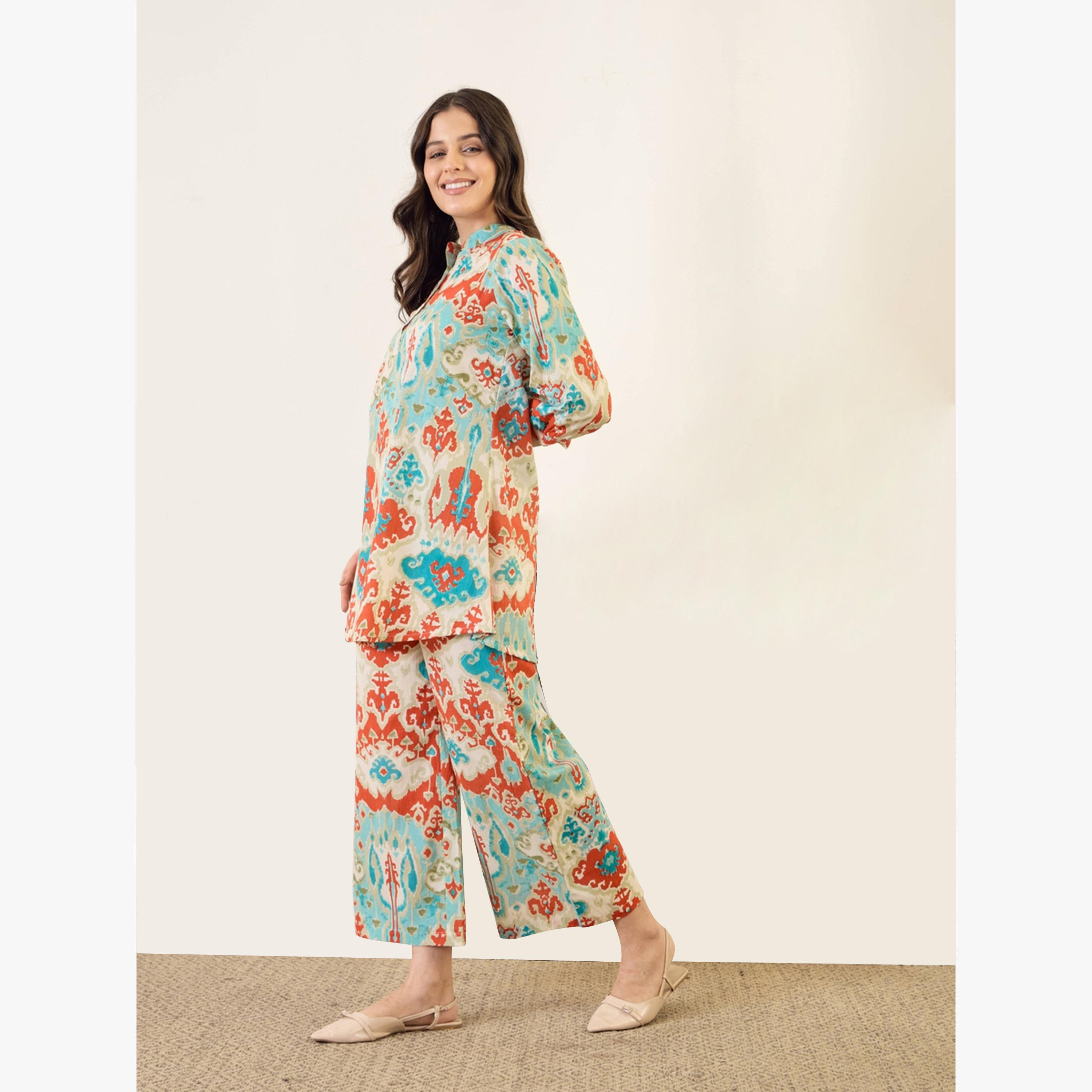طقم منسق من بلوزة مع بنطال بالازو قطن خالص مطبوع-women-clothing-coordsets-image-6
