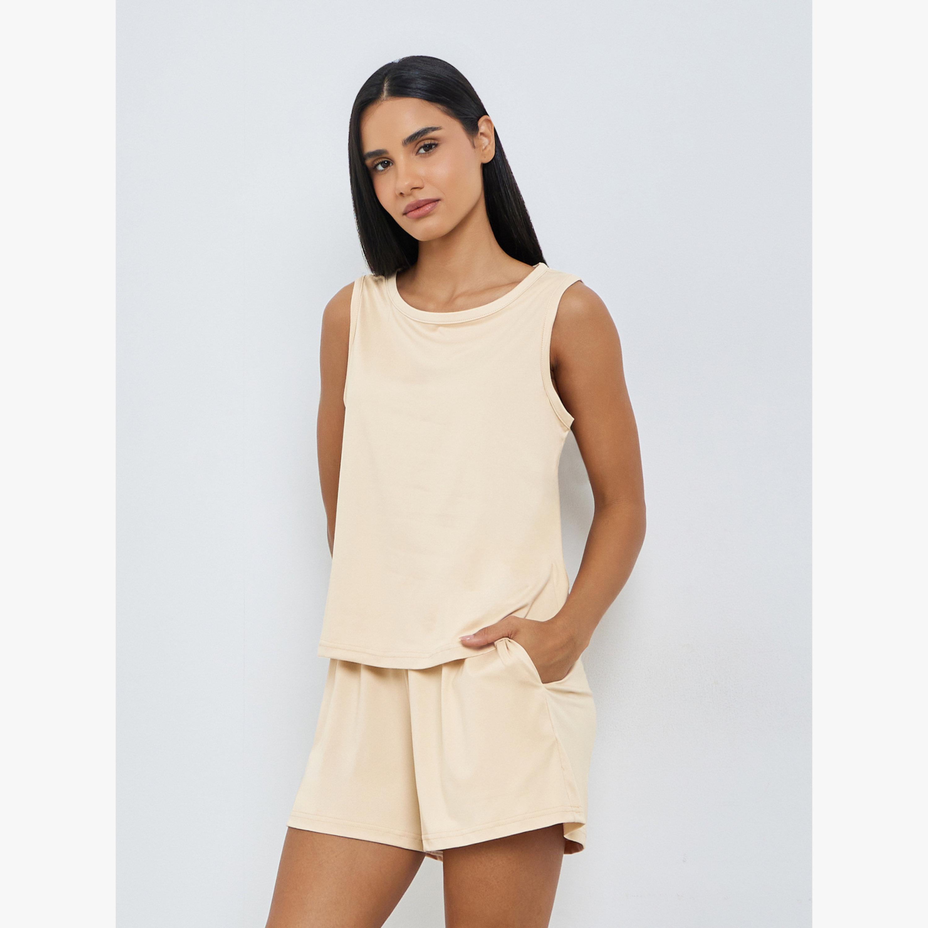 Styli Beige Sleeveless Top and Shorts Set-women-clothing-nightwear-pyjamas-shortsets-image-1
