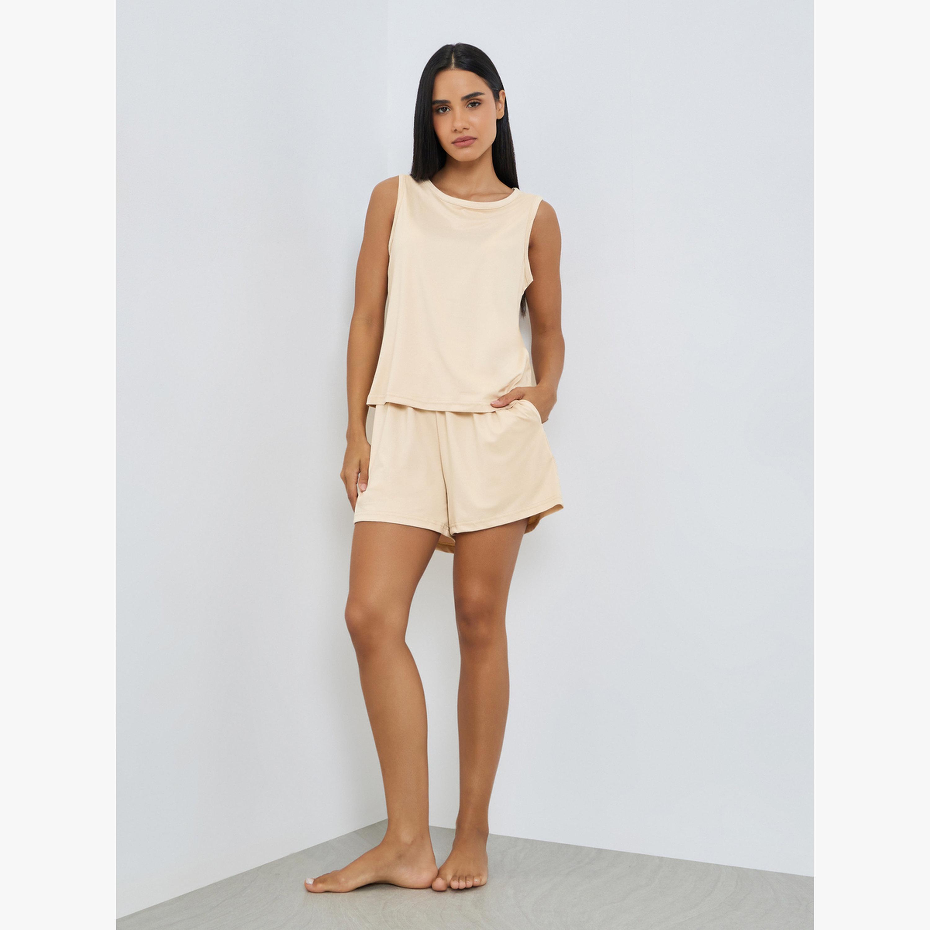 Styli Beige Sleeveless Top and Shorts Set-women-clothing-nightwear-pyjamas-shortsets-image-2