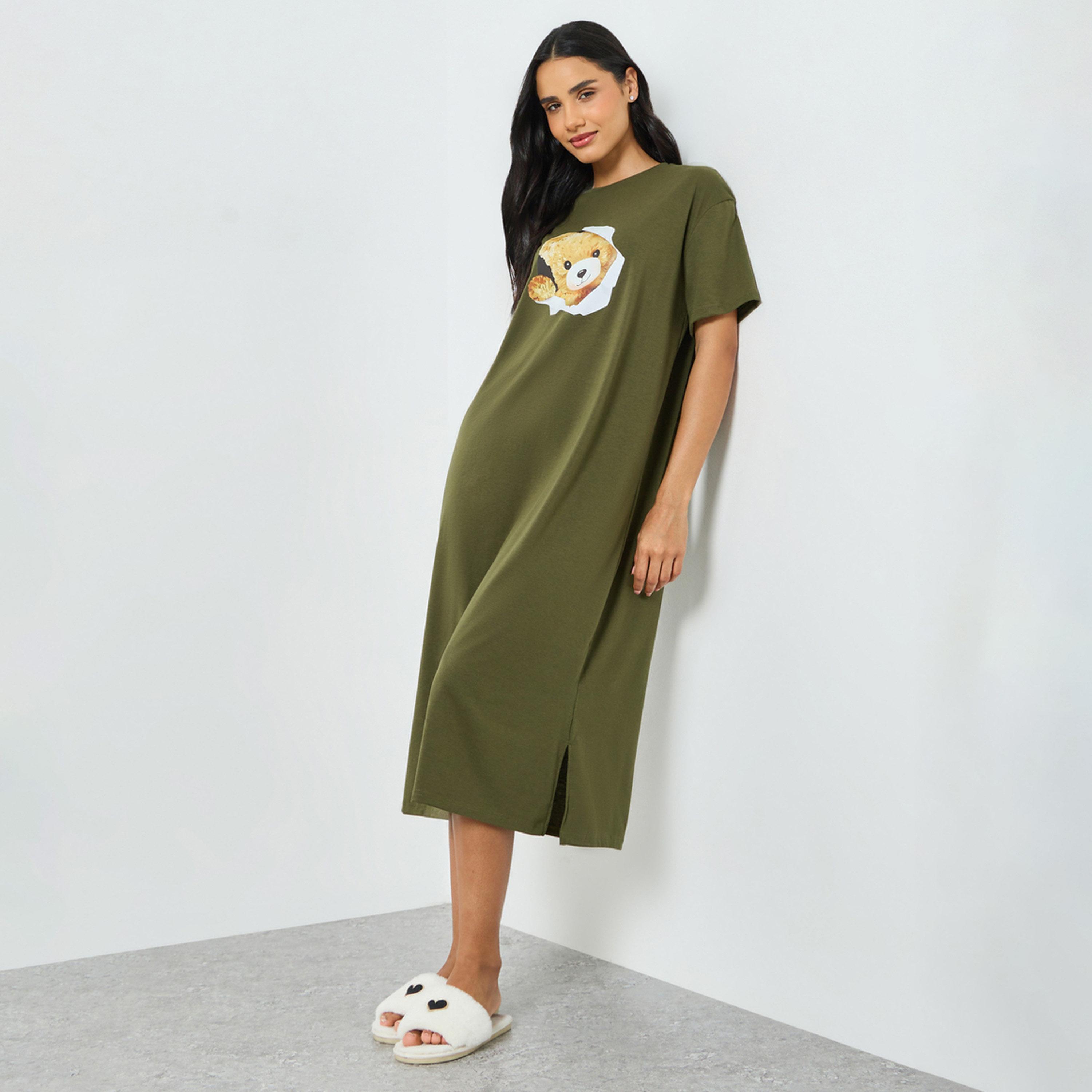 Styli Green Bear Graphic Print Sleep T-Shirt-women-clothing-nightwear-nighties-image-1