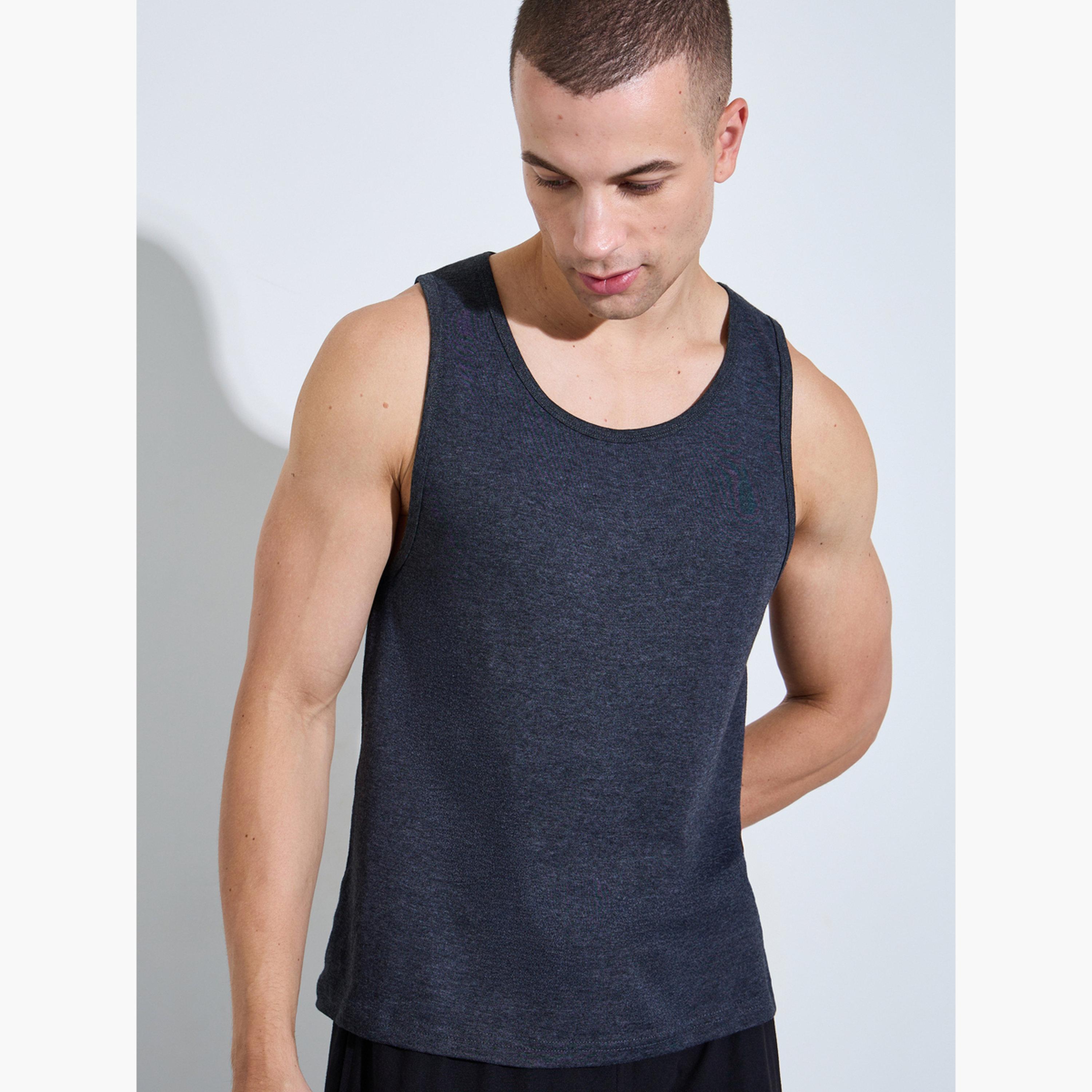 Styli Charcoal Solid Round Neck Ribbed Vest-men-clothing-innerwear-vests-image-4