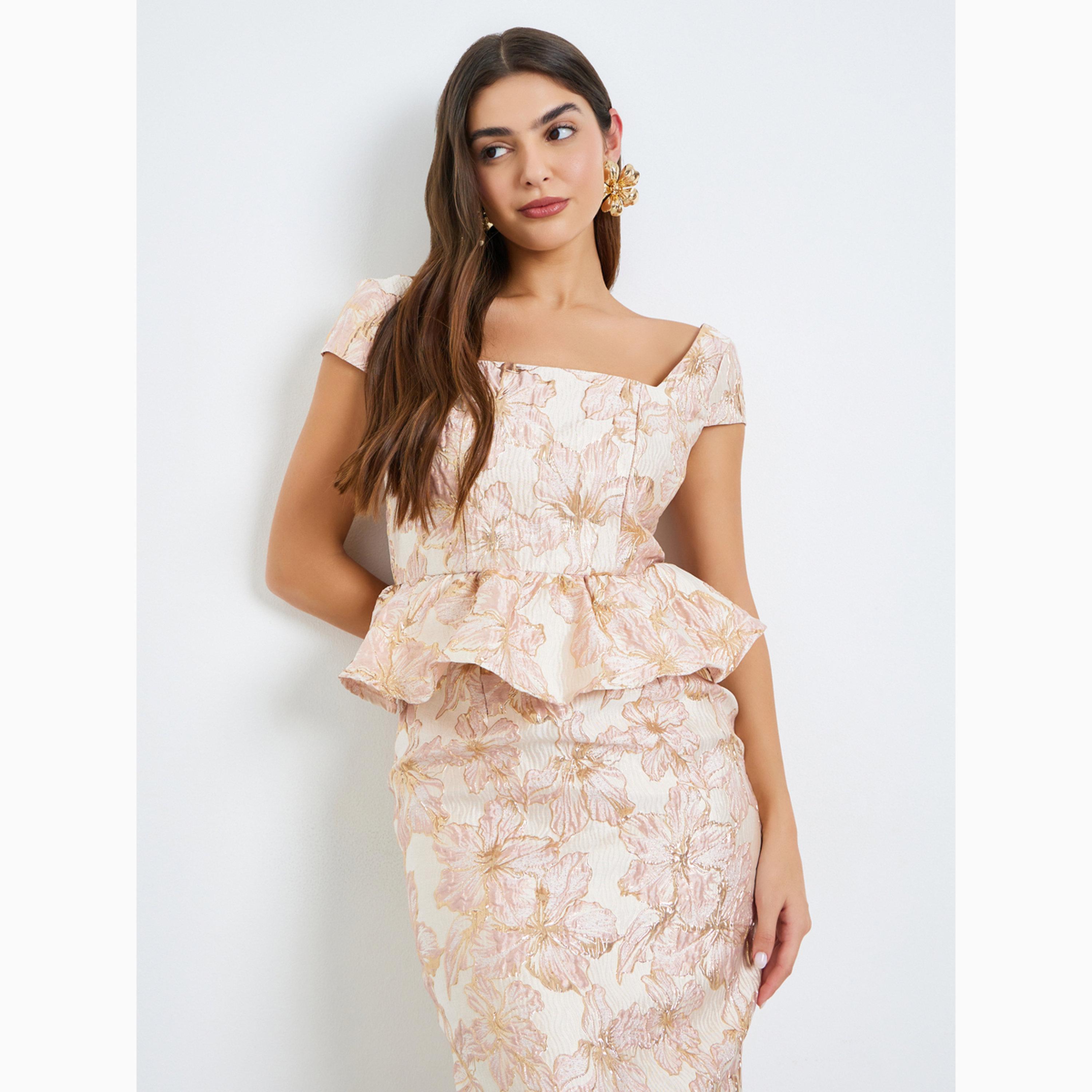 فستان ميدي ضيق جاكار بنقشة زهور-women-clothing-dresses-image-2
