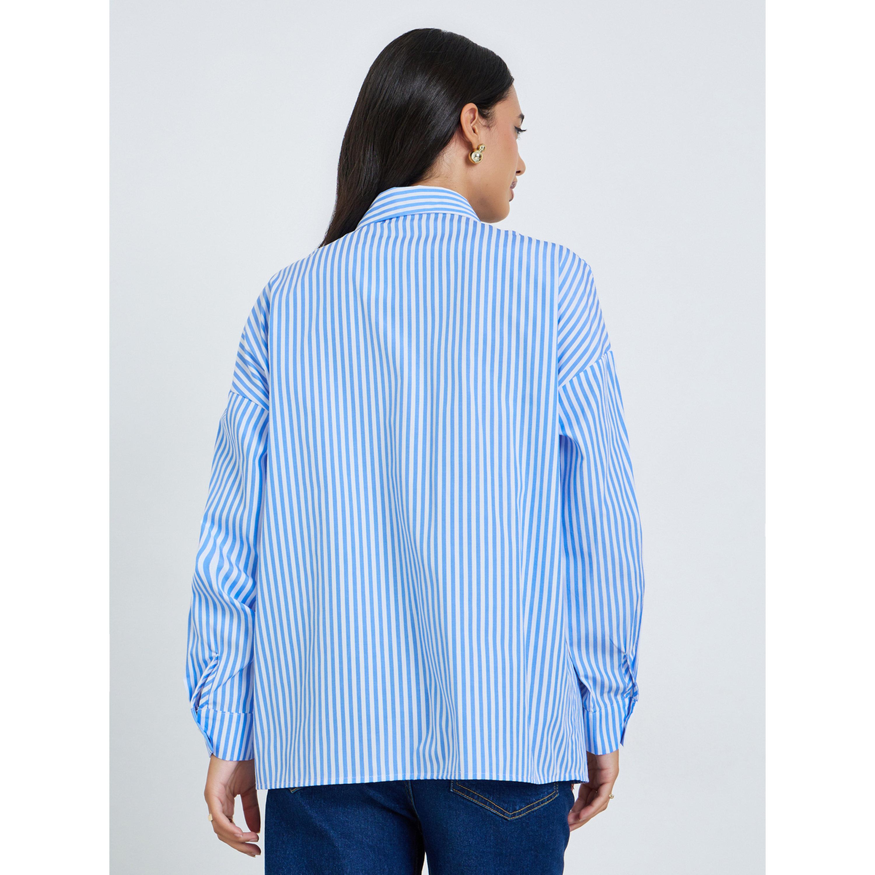 Styli Blue Striped Long Sleeve Shirt-women-clothing-shirtsandblouses-shirts-image-4