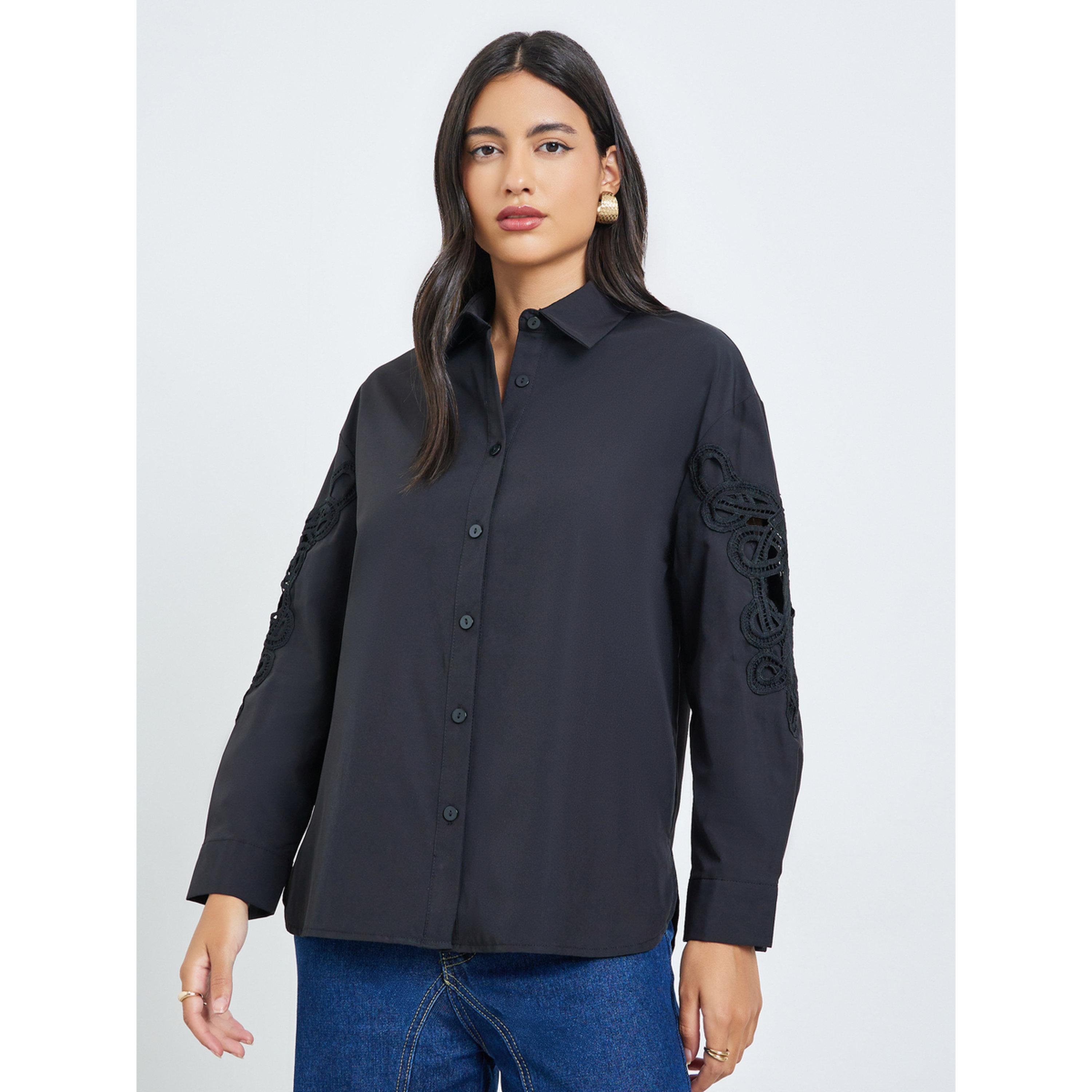 ستايلي - قميص بأكمام طويلة مطرز لون أسود-women-clothing-shirtsandblouses-shirts-image-1