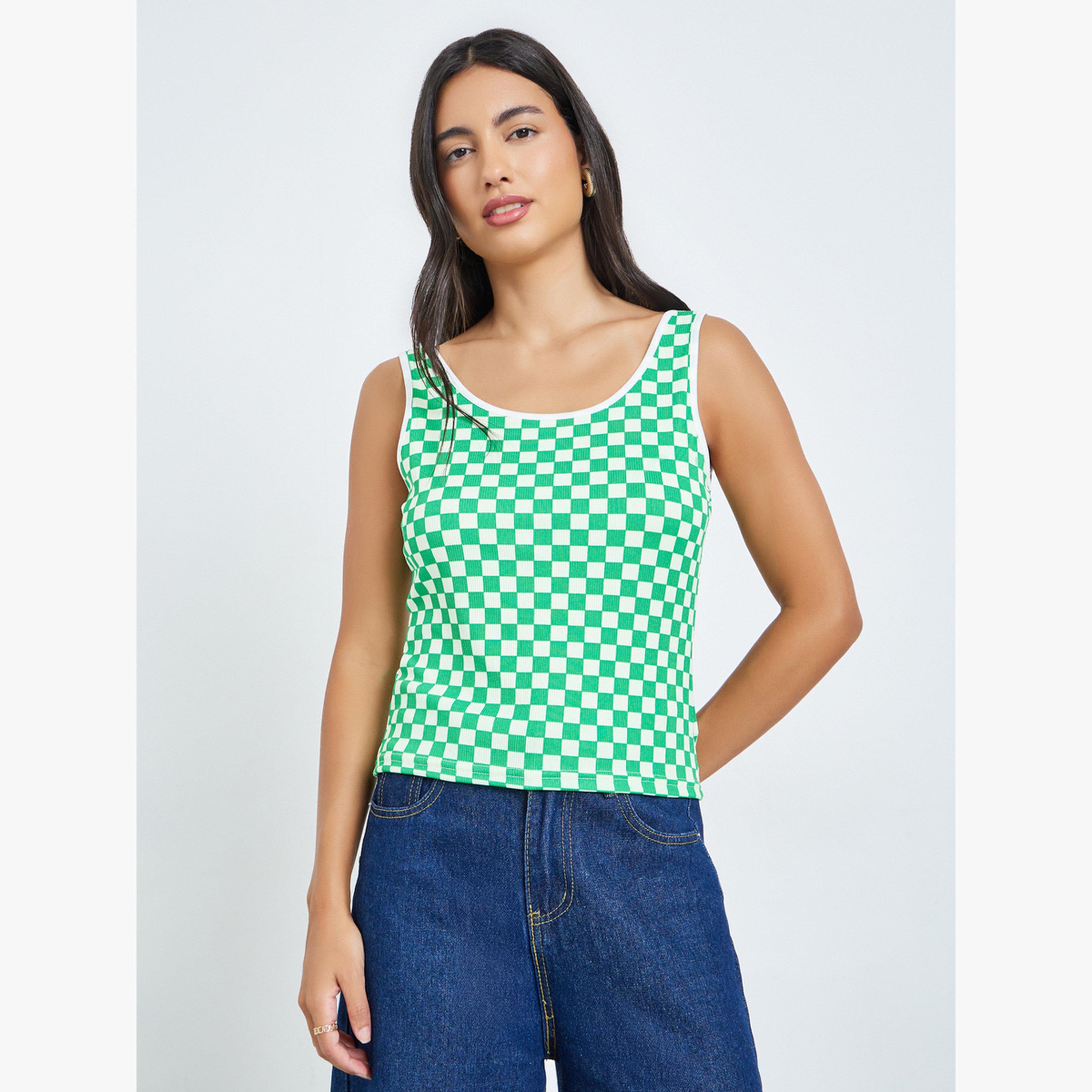 Styli Green Checked Pattern Tank Top-women-clothing-tshirts-image-1