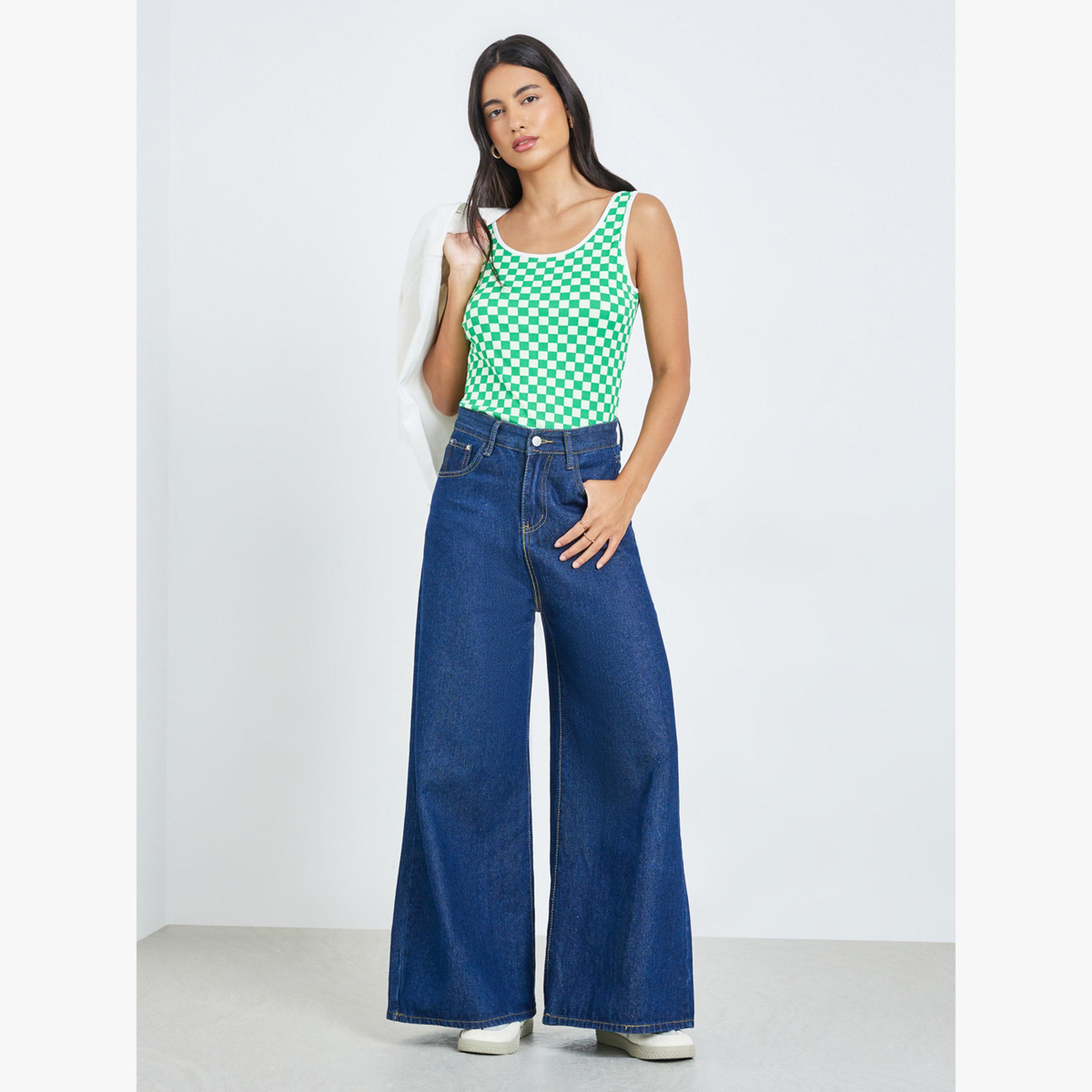 Styli Green Checked Pattern Tank Top-women-clothing-tshirts-image-2