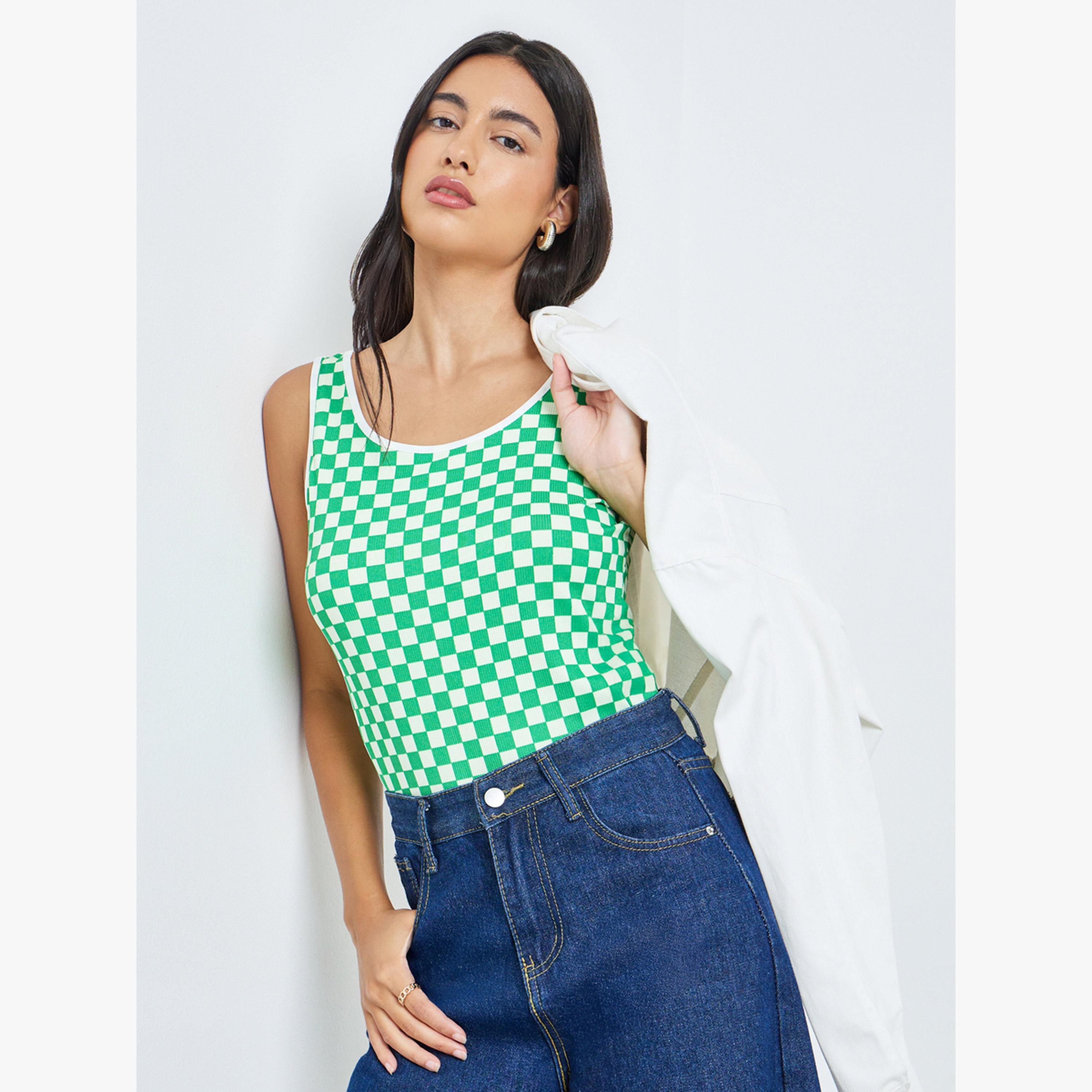 بلوزة بلا أكمام بنقشة مربعات-women-clothing-tshirts-image-3