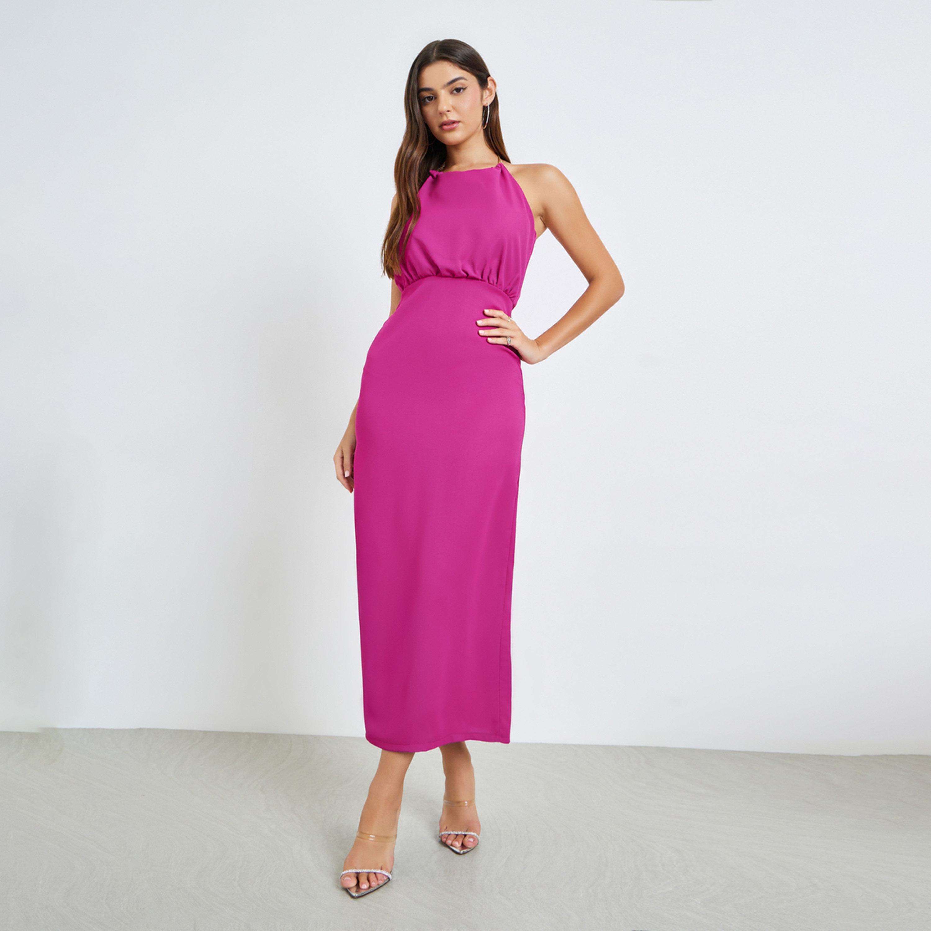 Styli Dark Pink Halter Neck Sheath Maxi Dress-women-clothing-dresses-image-1