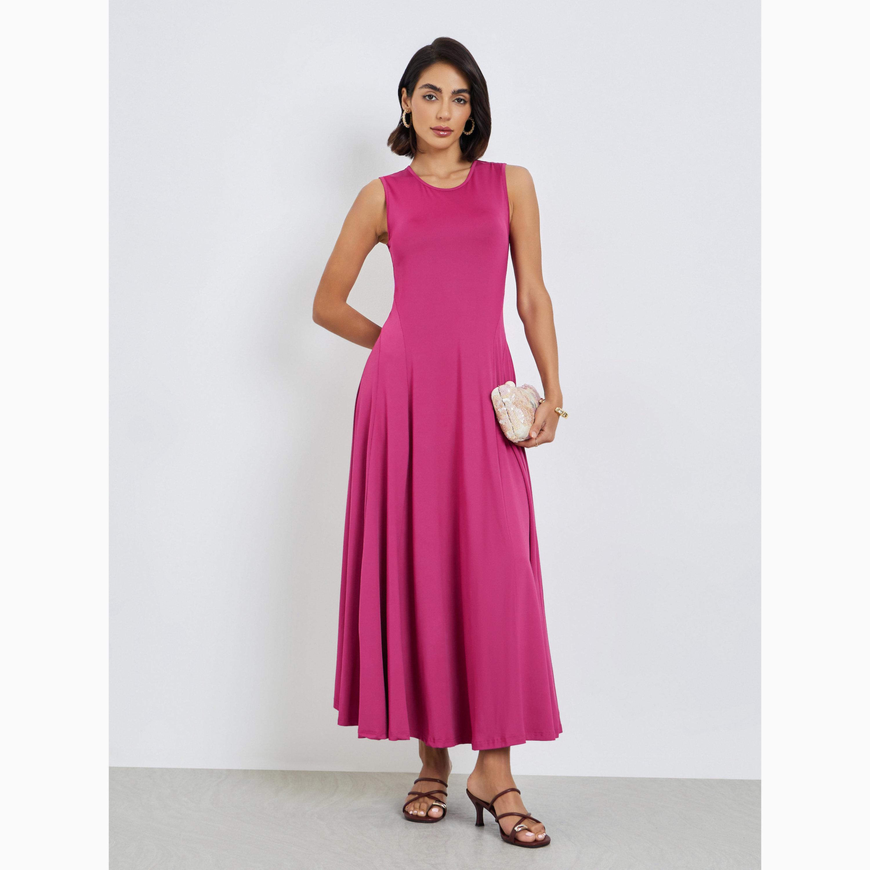 Styli Dark Pink Sleeveless A-Line Maxi Dress-women-clothing-dresses-image-1