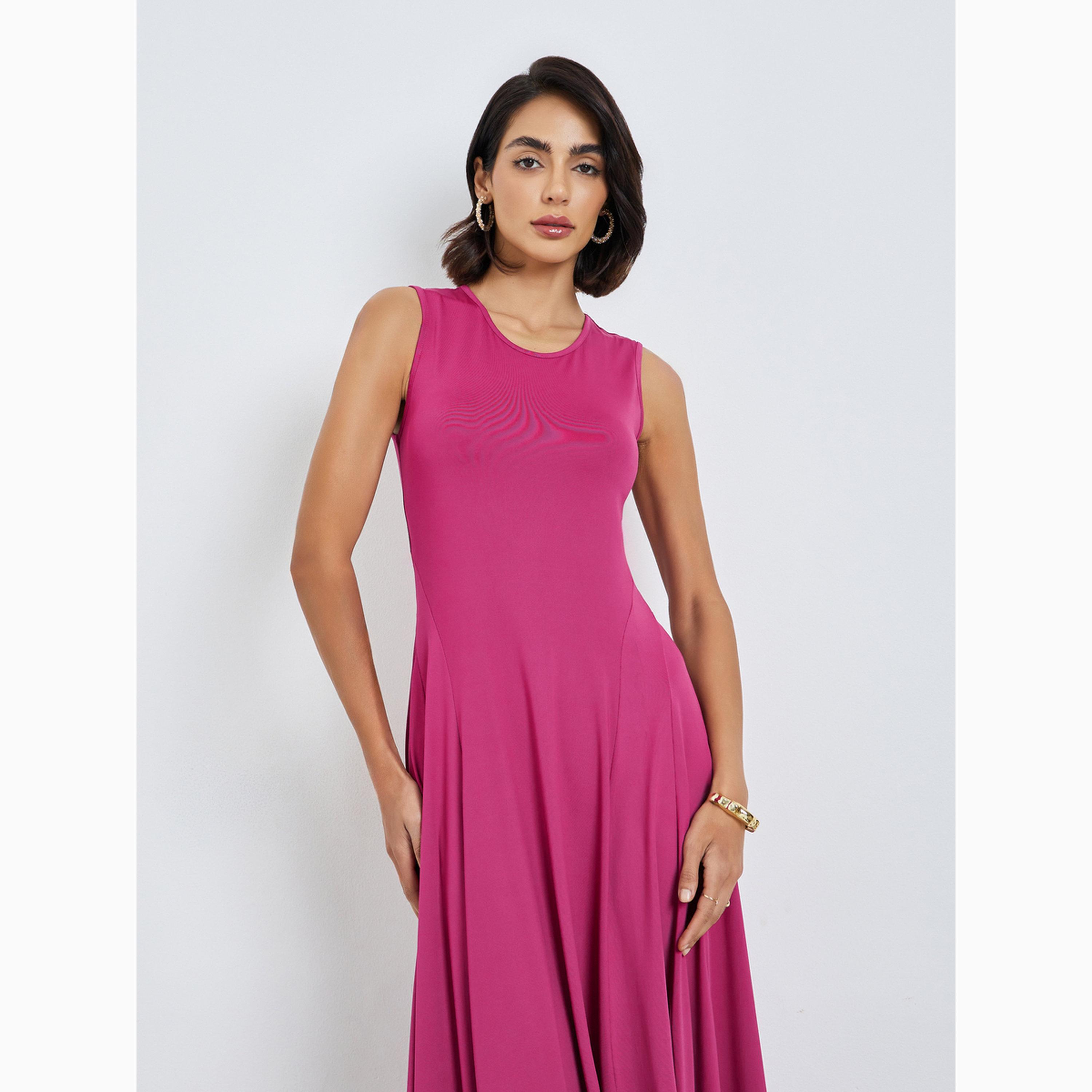 Styli Dark Pink Sleeveless A-Line Maxi Dress-women-clothing-dresses-image-2