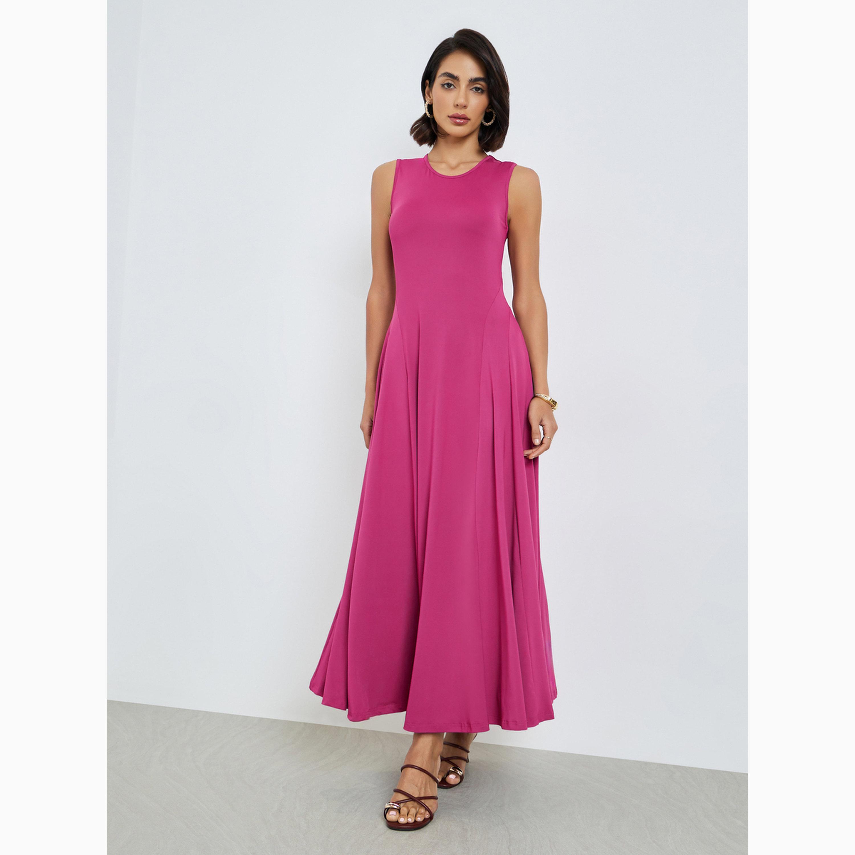 Styli Dark Pink Sleeveless A-Line Maxi Dress-women-clothing-dresses-image-3
