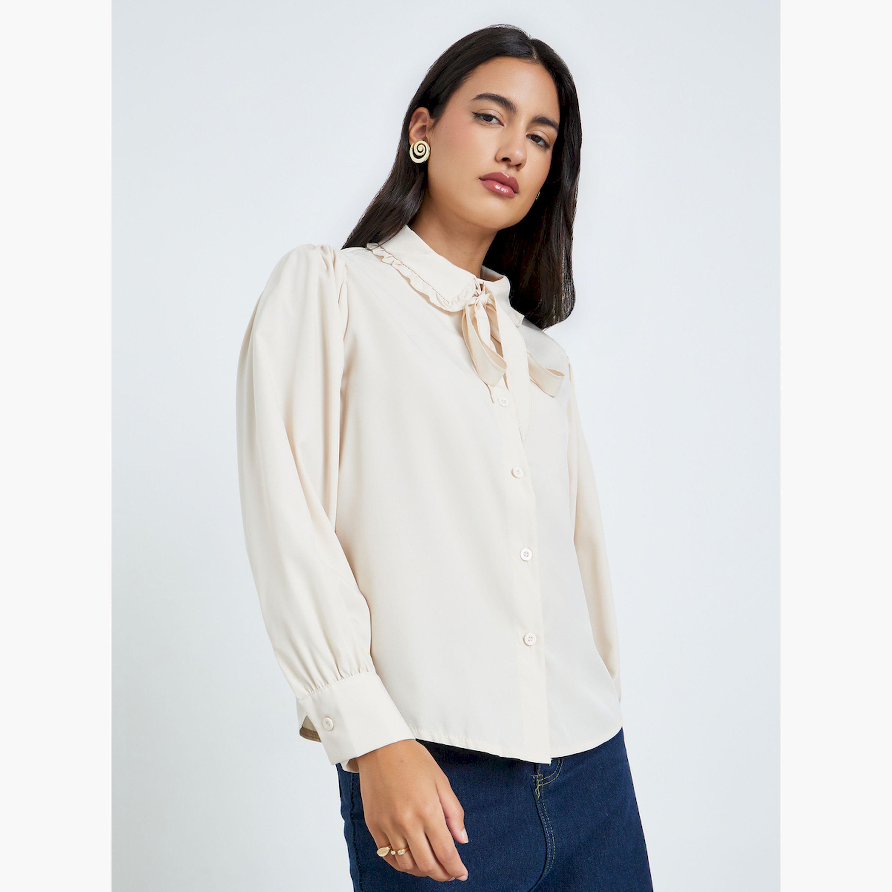 Styli Beige Long Sleeve Ruffle Collar Shirt-women-clothing-shirtsandblouses-blouses-image-1