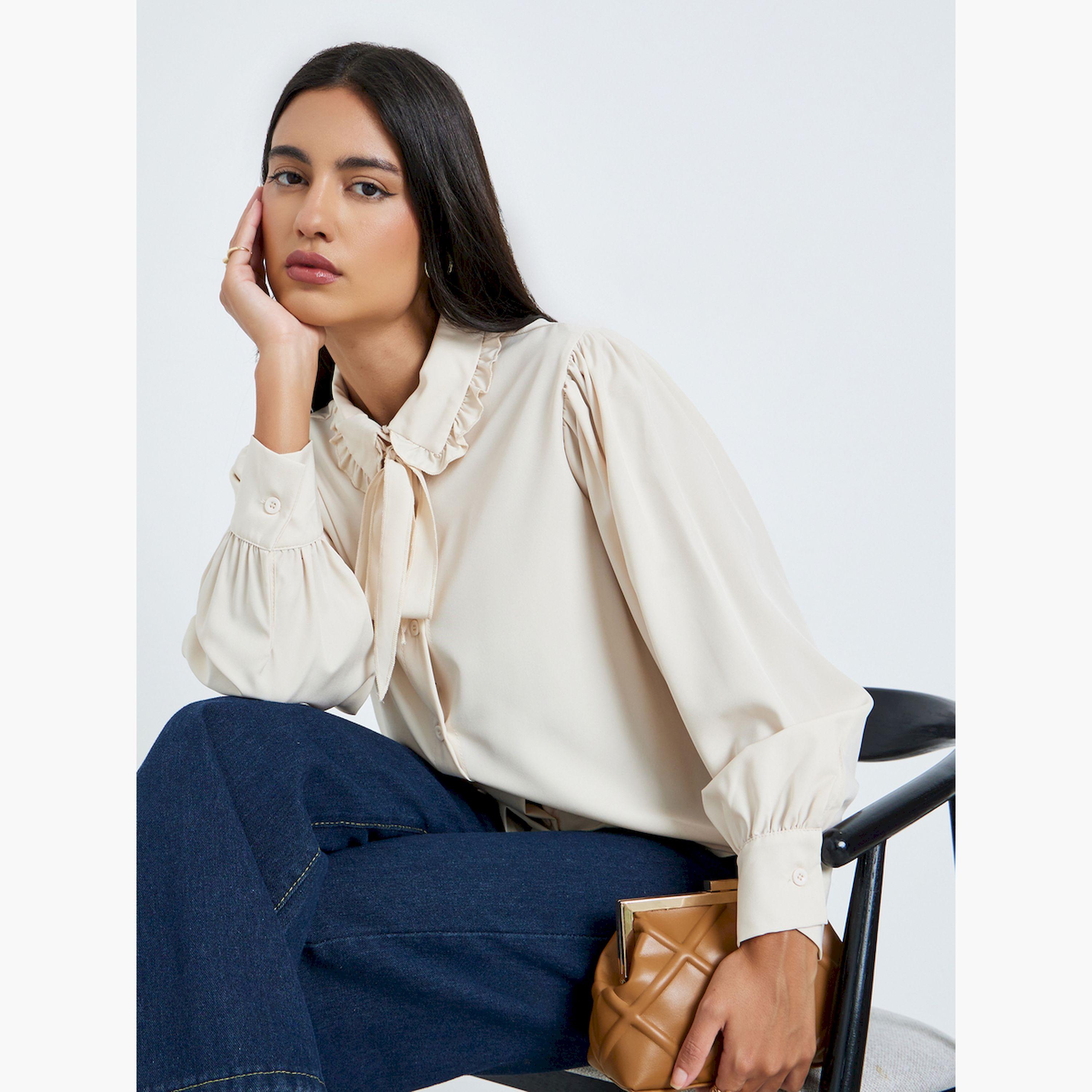 Styli Beige Long Sleeve Ruffle Collar Shirt-women-clothing-shirtsandblouses-blouses-image-3