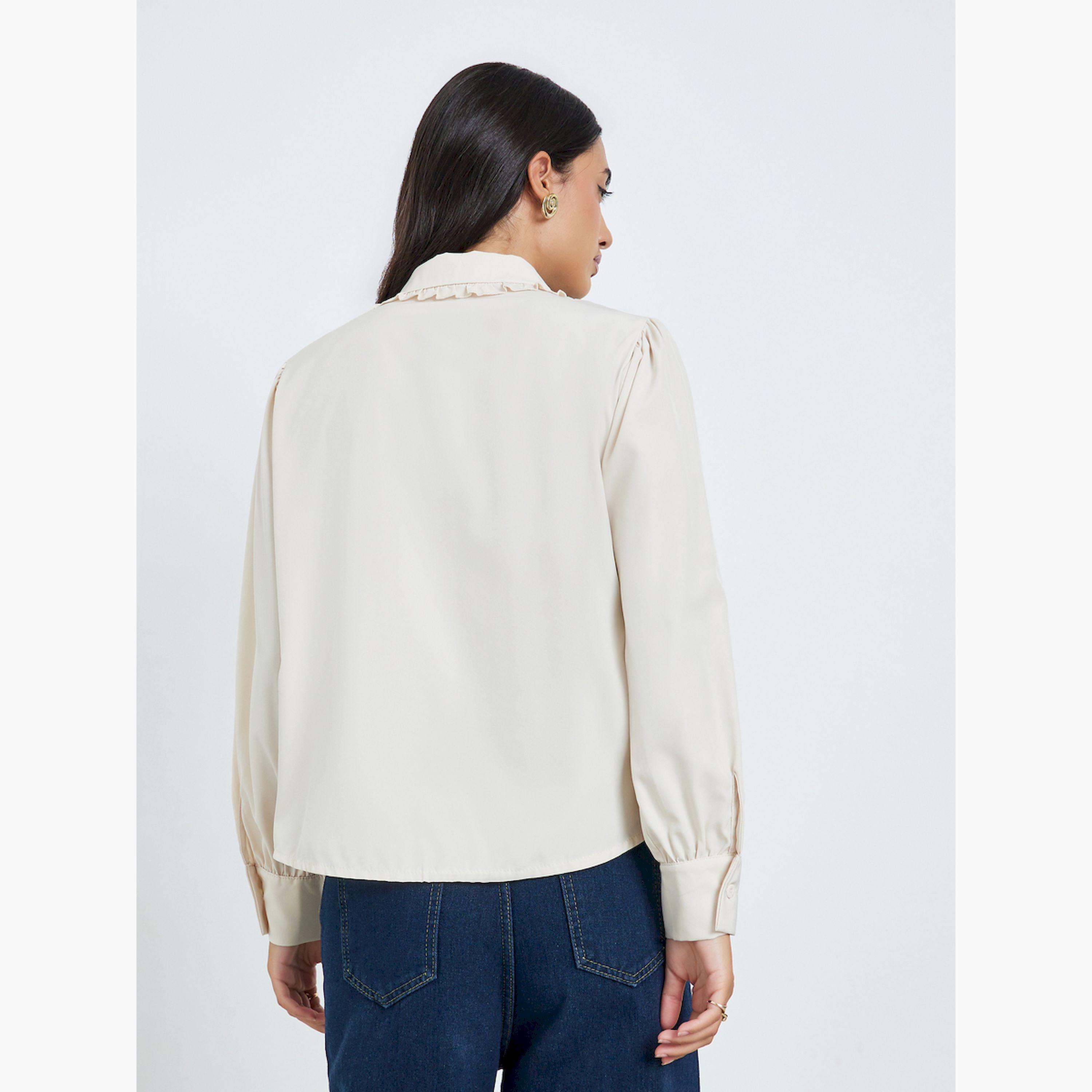 Styli Beige Long Sleeve Ruffle Collar Shirt-women-clothing-shirtsandblouses-blouses-image-4