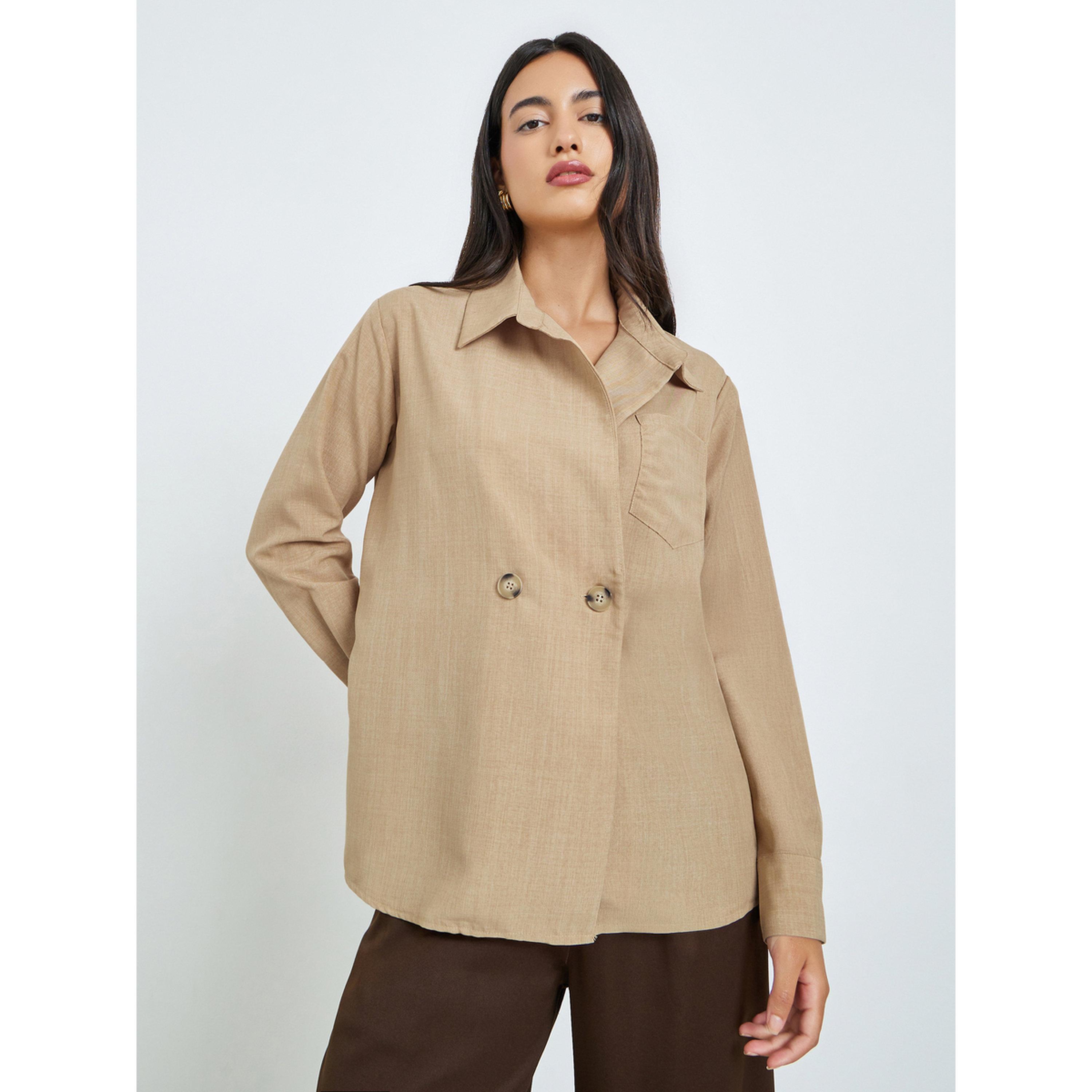 Styli Beige Long Sleeve Shirt with Double Button-women-clothing-shirtsandblouses-shirts-image-1