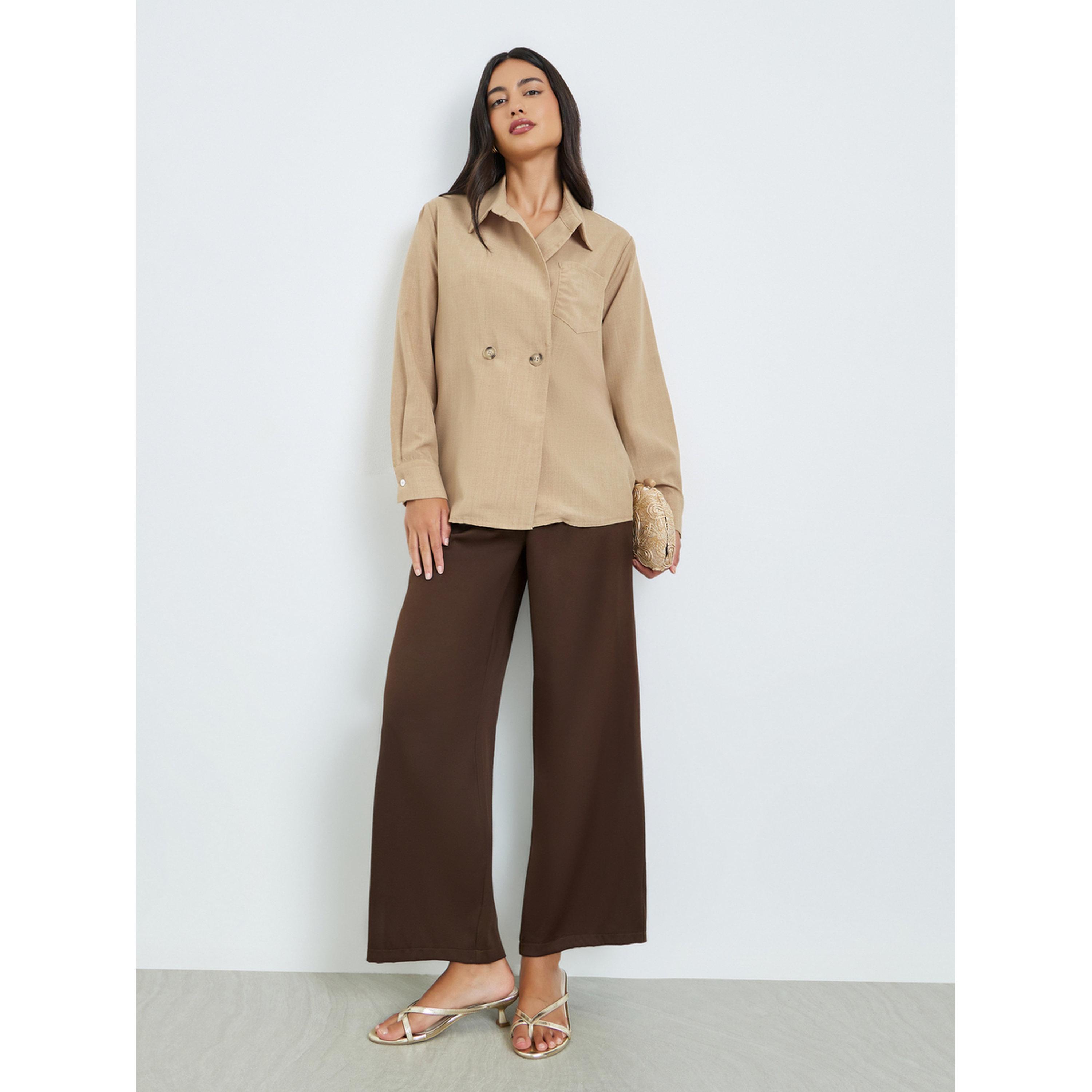 Styli Beige Long Sleeve Shirt with Double Button-women-clothing-shirtsandblouses-shirts-image-2