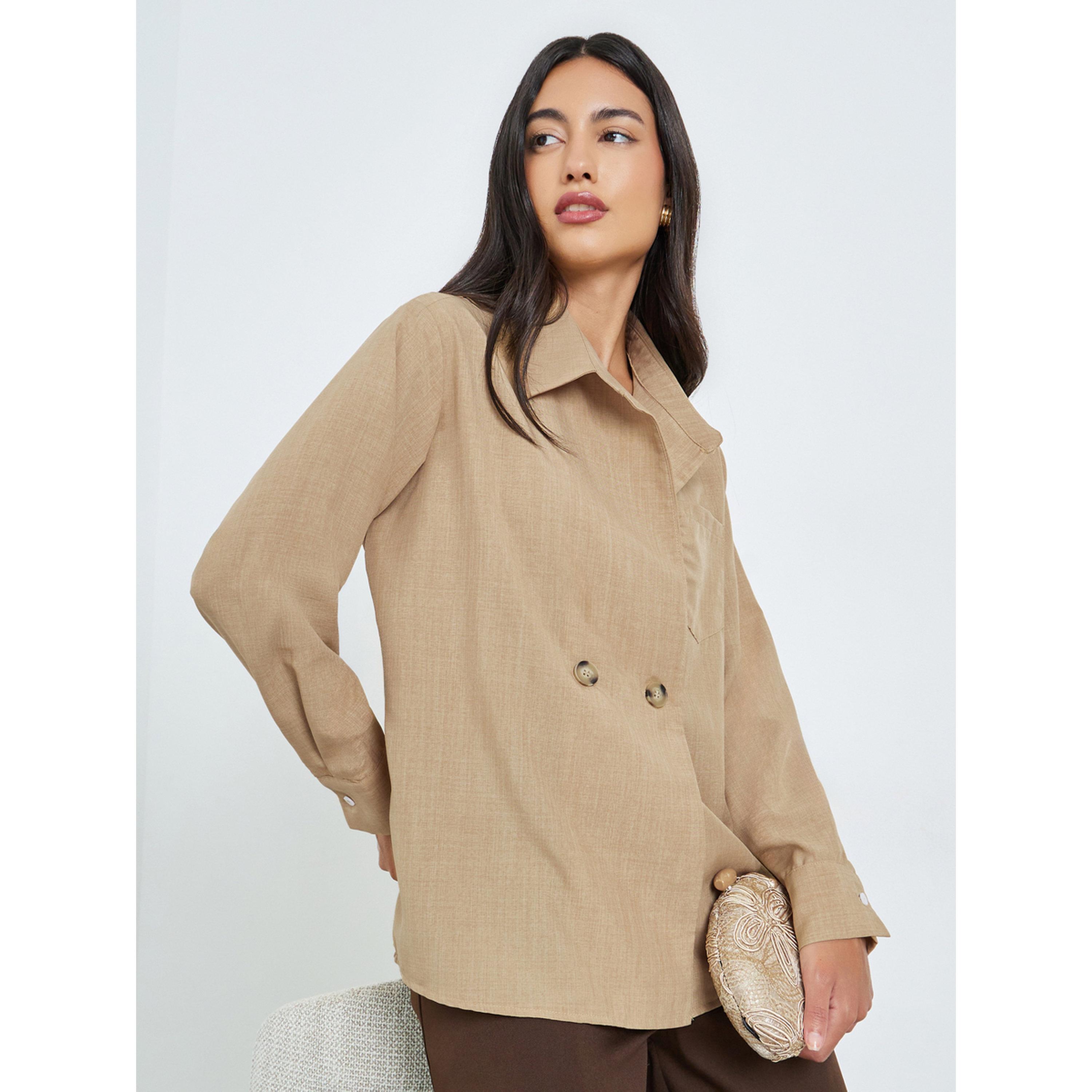 Styli Beige Long Sleeve Shirt with Double Button-women-clothing-shirtsandblouses-shirts-image-3